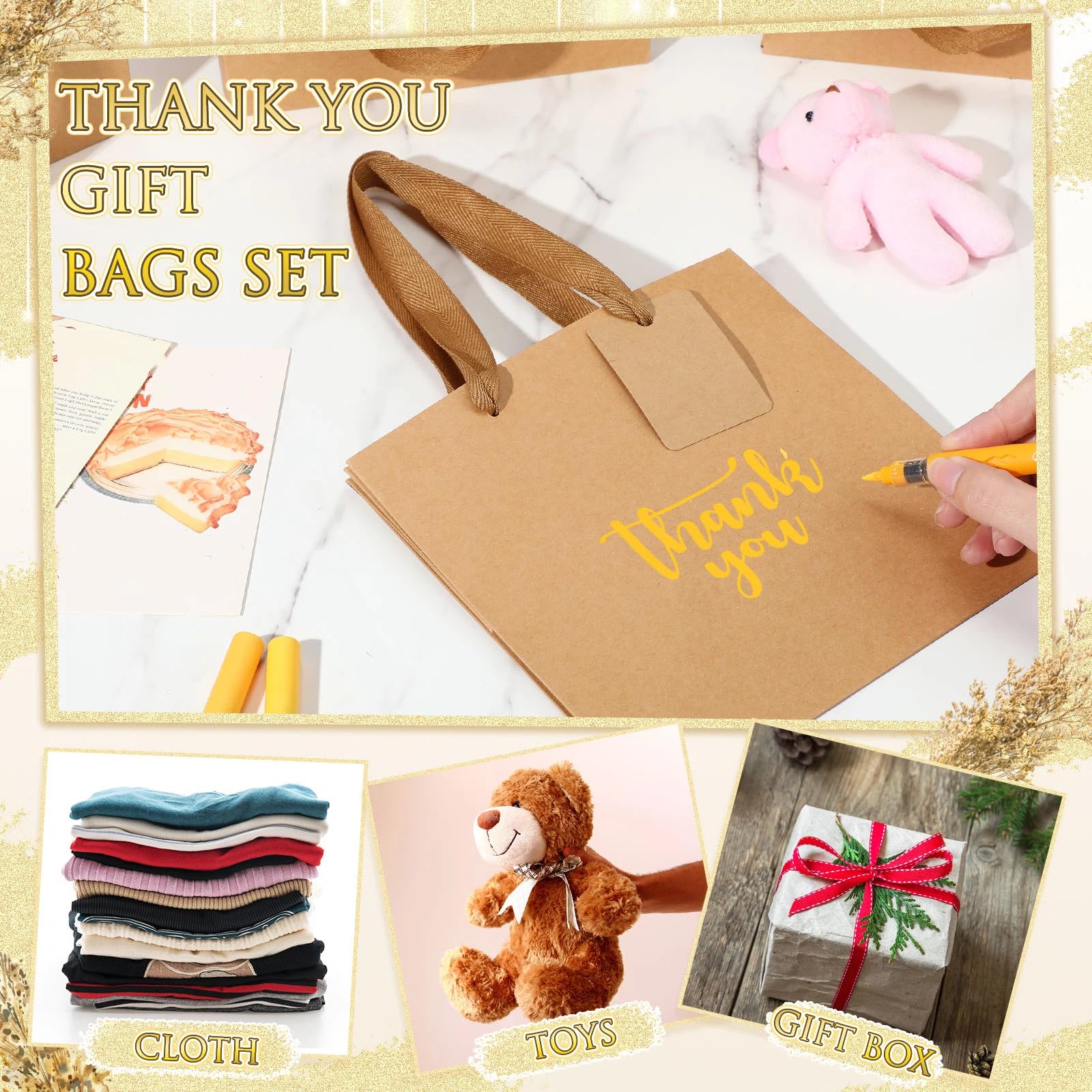 Windyun 25 bolsas de regalo cuadradas de papel con asa de 8 x 8 x 8 pulgadas, bolsa pequeña con etiqueta de agradecimiento para el día de San Valentín, cumpleaños, boda, despedida de soltera, dama de