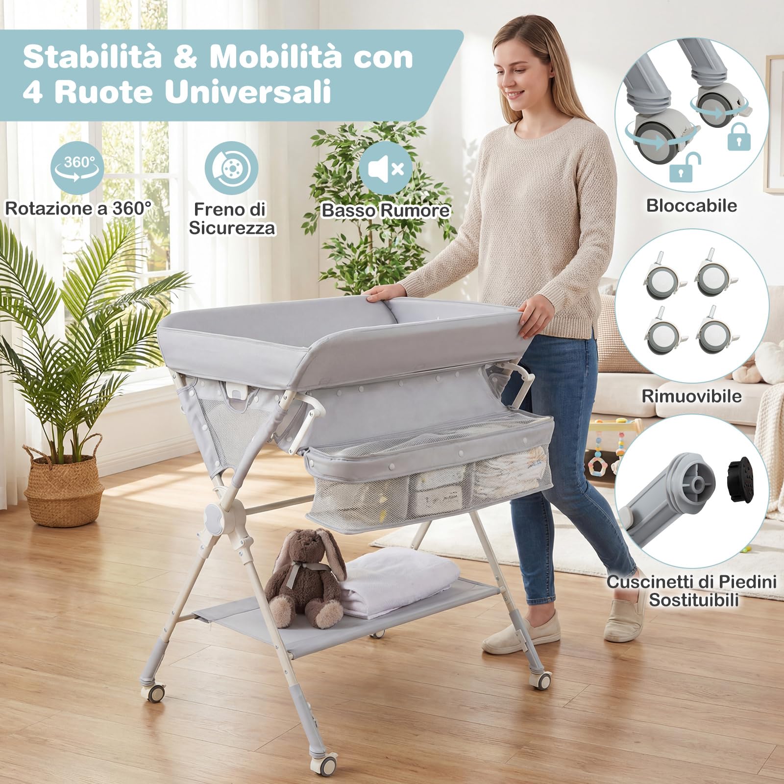 COSTWAY Fasciatoio Pieghevole per Bambini, Fasciatoio Portatile con Ruote, Altezza Regolabile, Piattaforma Rimovibile, con Barra Giocattoli, Stendino, Misuratore, Cestini, Portata 25 kg