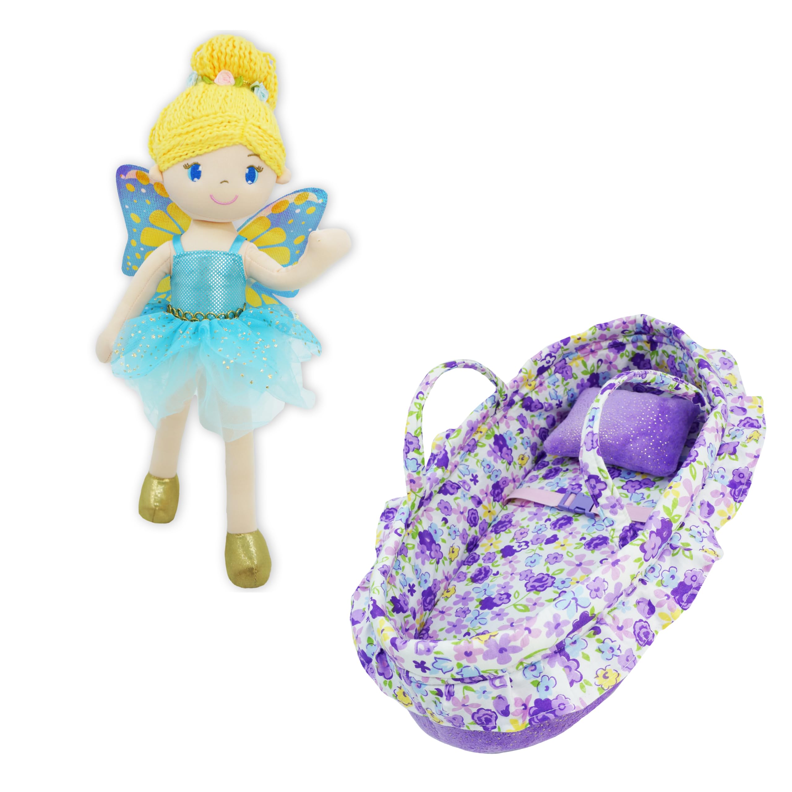 June Garden 2 Pcs Fairy Doll Playset Bundle - Includes 16" Enchanted Garden Fairy Doll Fayetta and Cozy Dream Purple Doll Bassinet