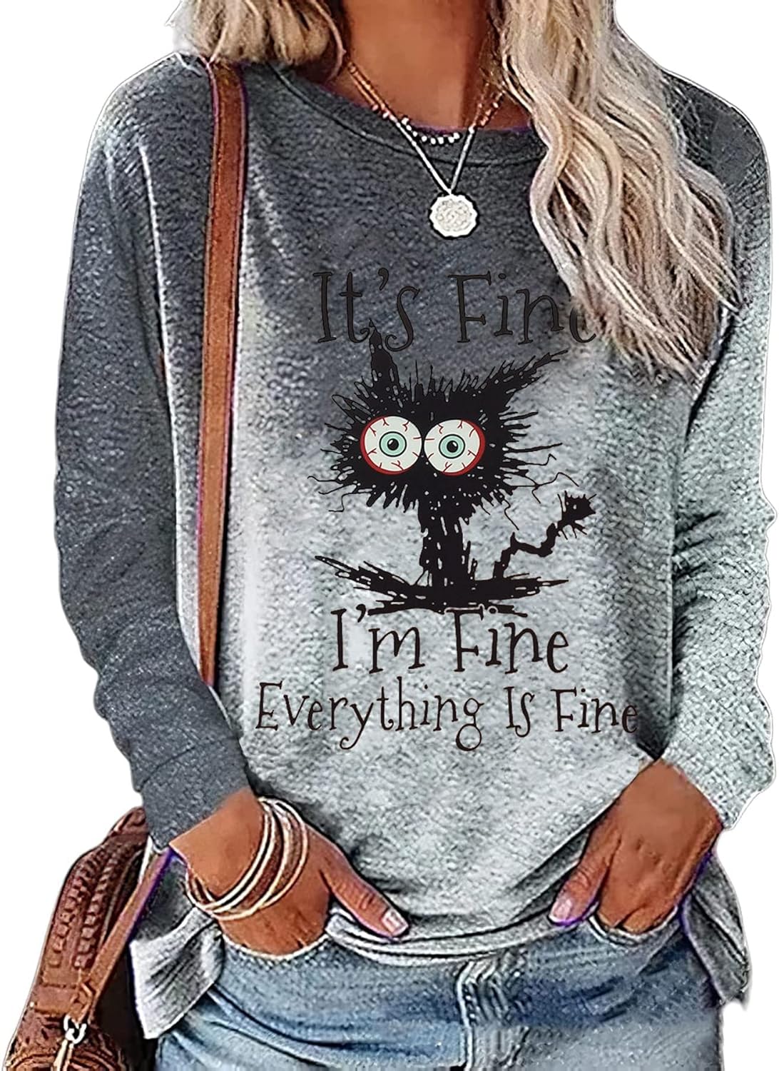 MNLYBABY It's Fine I'm Fine Everything Is Fine Sweatshirt Women Cute Black Cat Tee Tie Dye Cat lover Long Sleeve Top