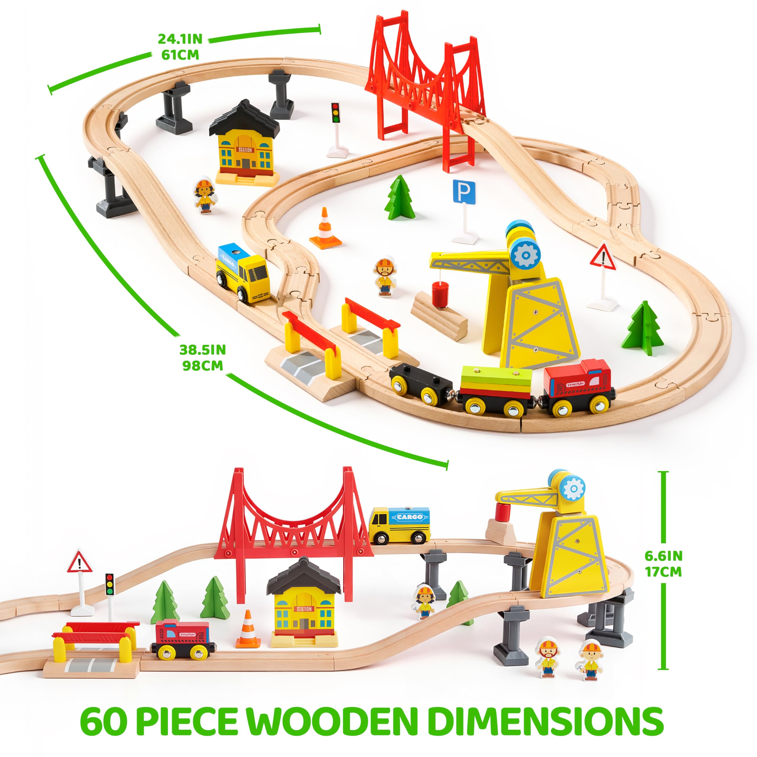 SYNCFUN 60 Piezas Tren Madera Juguete Montessori para Edades de 3 4 5 6 7 Años, Tren de Construcción, Ferrocarril de Ingeniería con Grúa Magnética, Trenes y Accesorios, Regalo para Niños y Niña