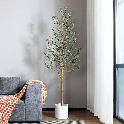 Miniatura 4 de Oakred - Árbol de olivo artificial de 7 pies de alto, plantas de seda falsas con tronco de madera natural, árbol en maceta falsa para decoración del