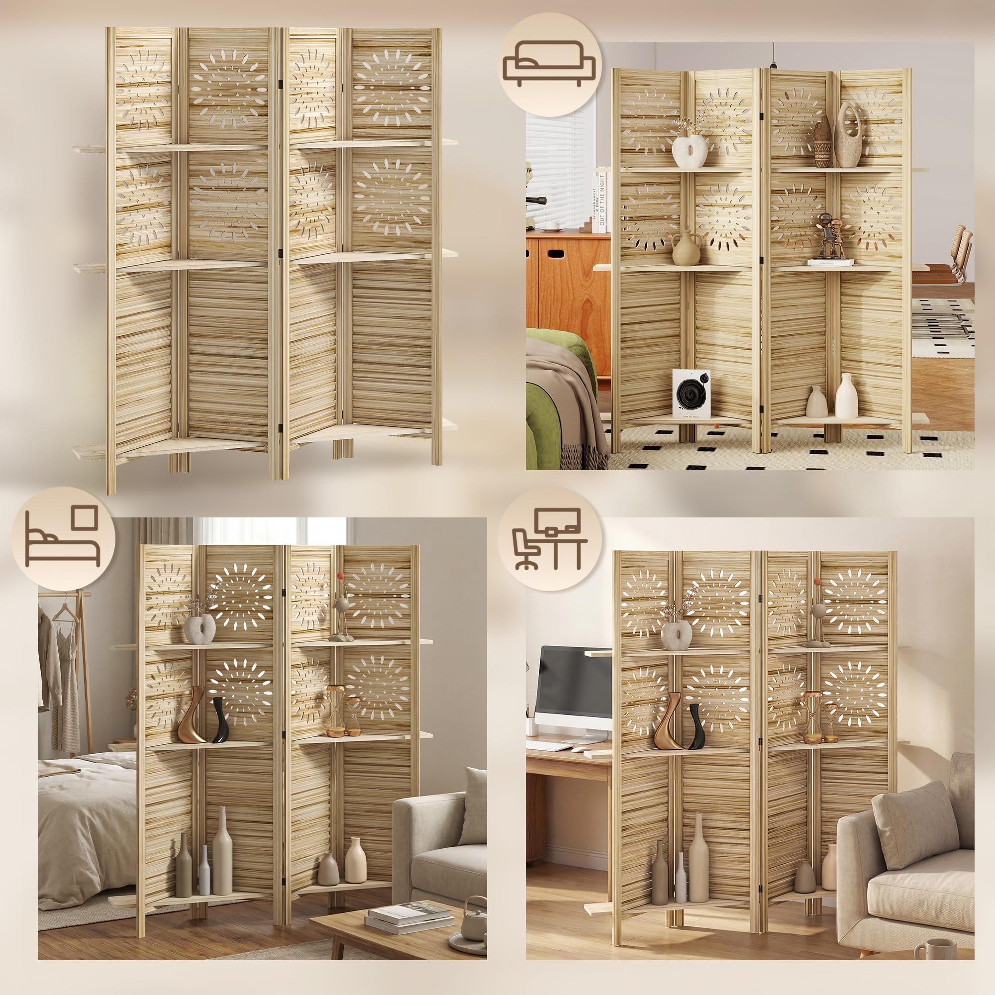 HOMCOM Paravent intérieur 4 Panneaux et 3 étagères, 160 x 170 cm, séparateur de pièce Pliable en Bois de Paulownia, cloison de séparation pour Salon, Chambre à Coucher, Maison, Bois Naturel