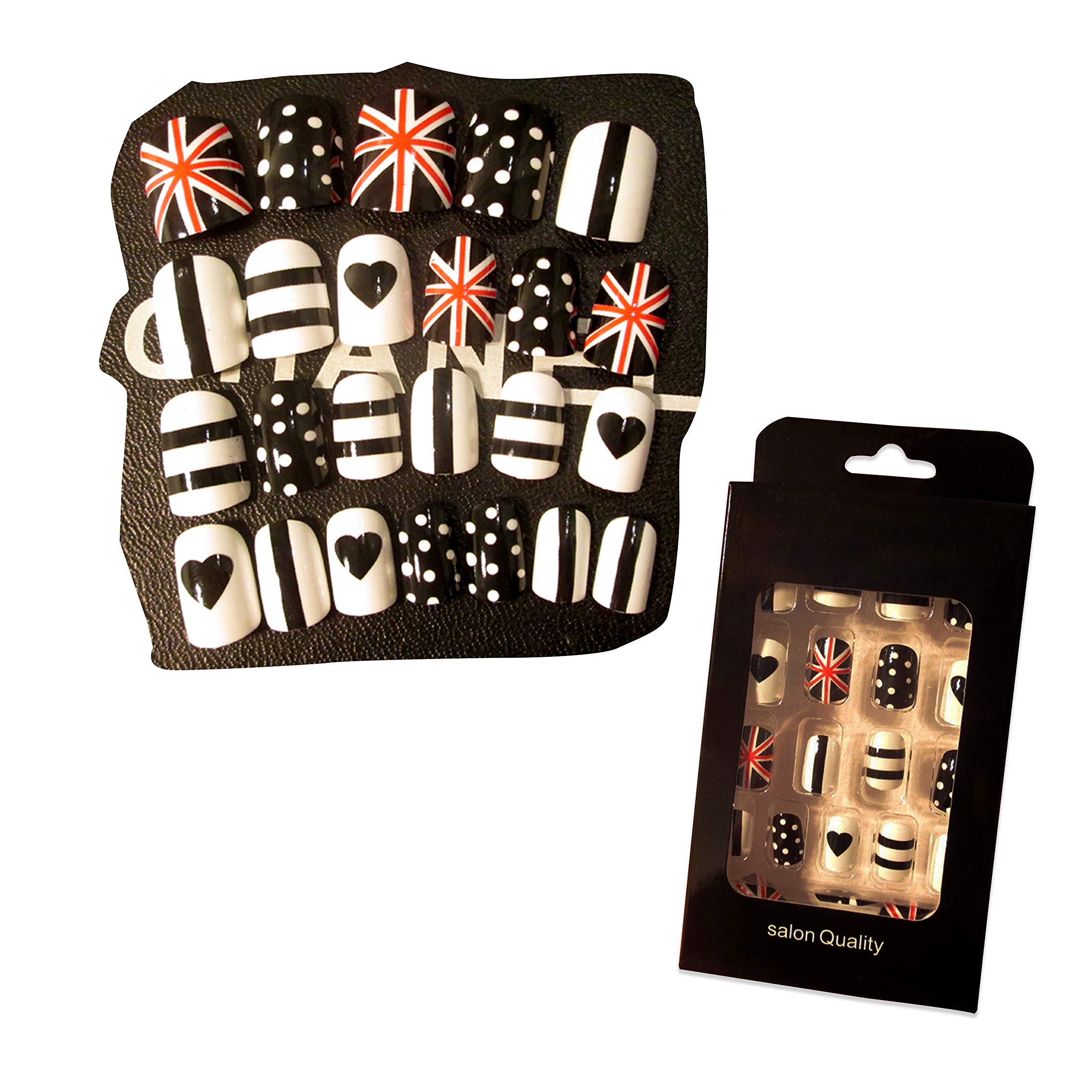 24Pieces/Set Union Jack Design Press on Nail with Glue Sticker Adhesive Fake Nail for Women Short Length British Style Art Nail Removable Glued False Nail