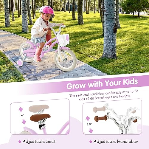 Miniatura 3 de HONEY JOY Bicicleta para niños de 12, 14, 16, 18, 20 pulgadas, con ruedas de entrenamiento, freno de mano y freno de posavasos, cadena totalmente