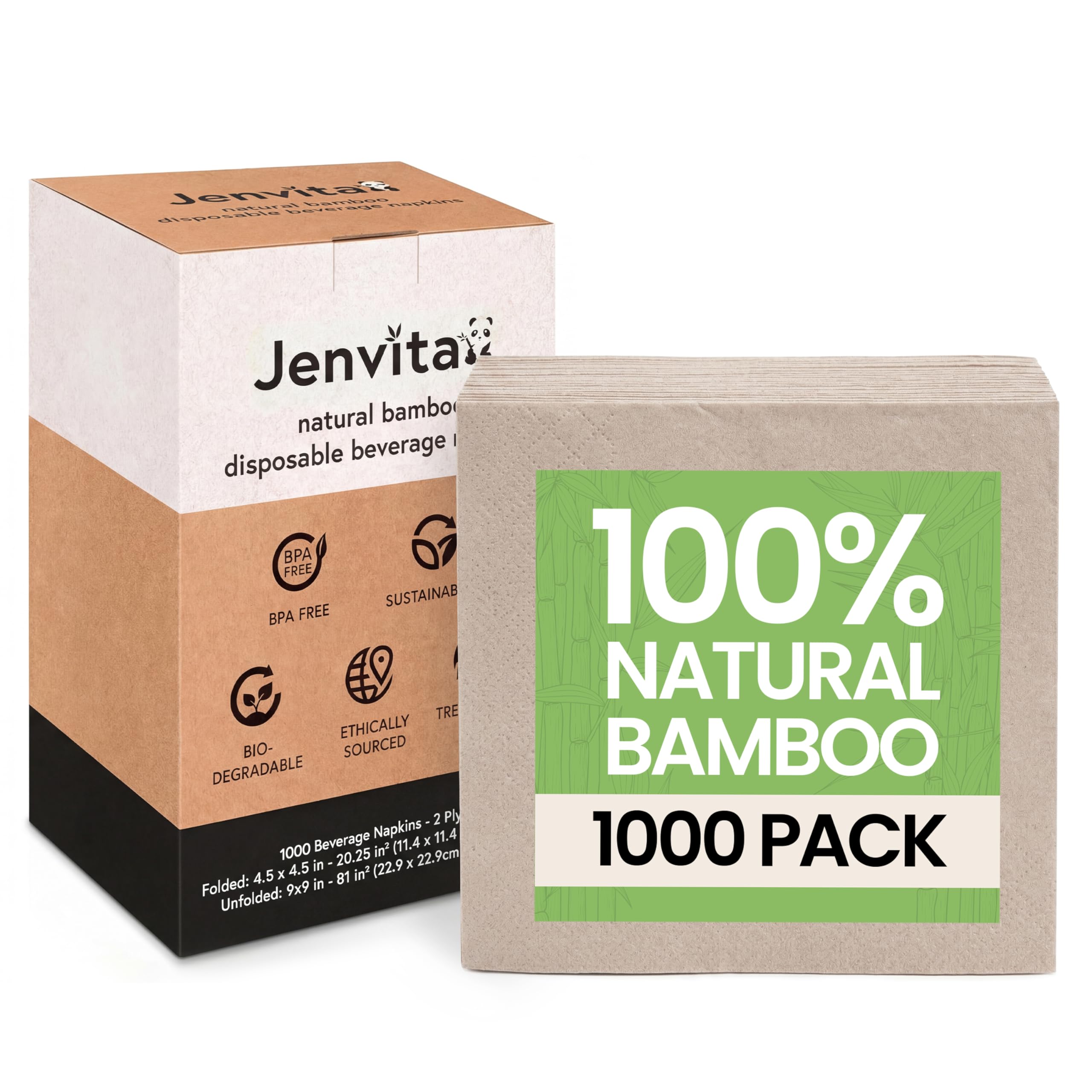 Ibambo 1000 Pack (4 Boxes of 250) Bamboo Cocktail Napkins - 2-Ply Ecofriendly Beverage Napkins - Bar Napkins for Home, Parties - 4.5x4.5 Inch Folded Drink Napkins - Disposable Napkins for Serving