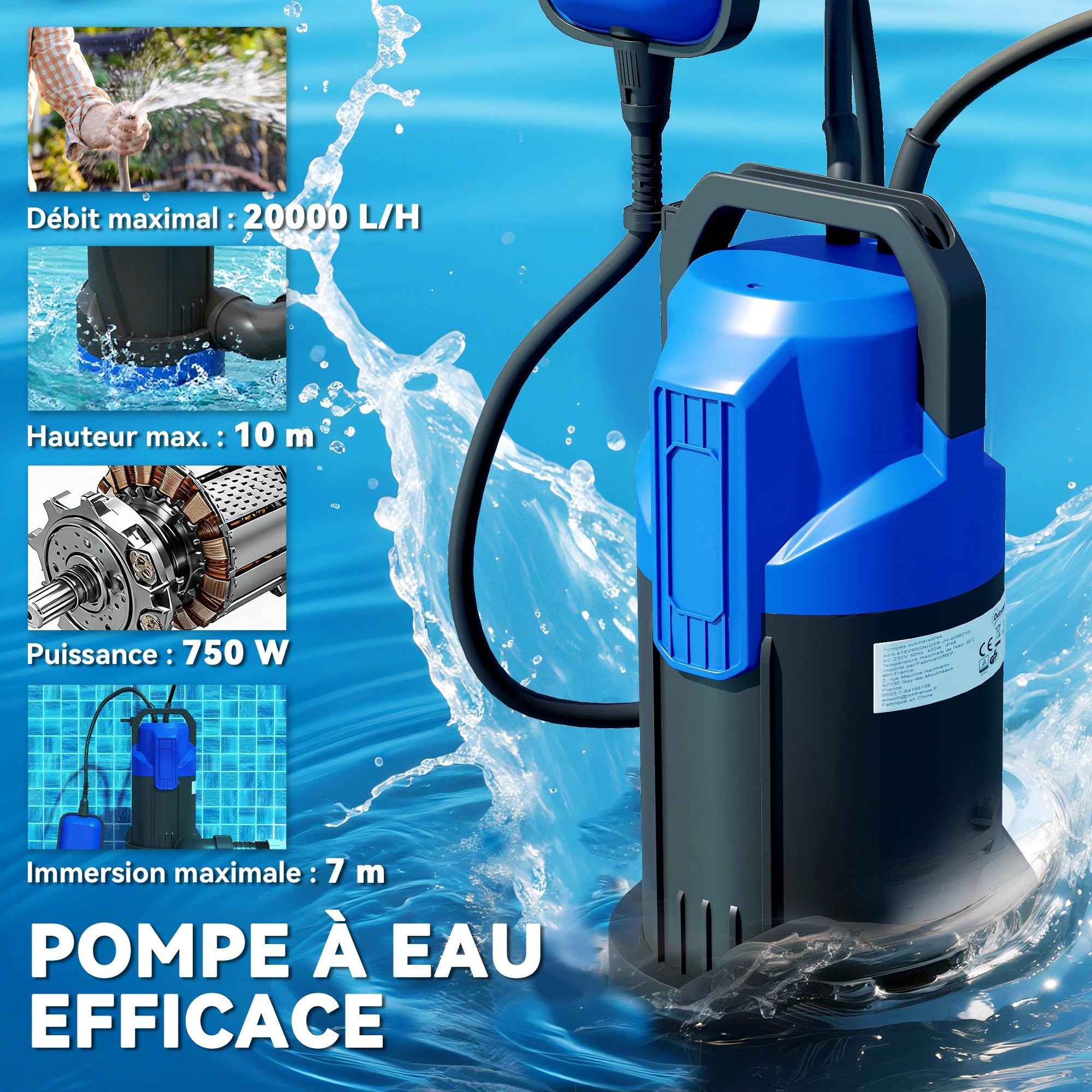 Outsunny Pompa di drenaggio acqua sporca/pulita 20000L/h 750W 7m Nero | Profondità massima, acqua sporca, particelle fino a 35mm, pompa di sollevamento, interruttore a galleggiante