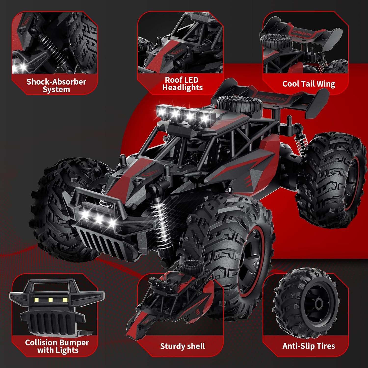 Carox Remote Control Car, 2.4GHz 25KM/H High Speed RC Car, 1:18 Off-Road Monster Truck with LED Lights and 1800mAh Rechargeable Battery – Ideal Gift for Boys 6+ - Image 4