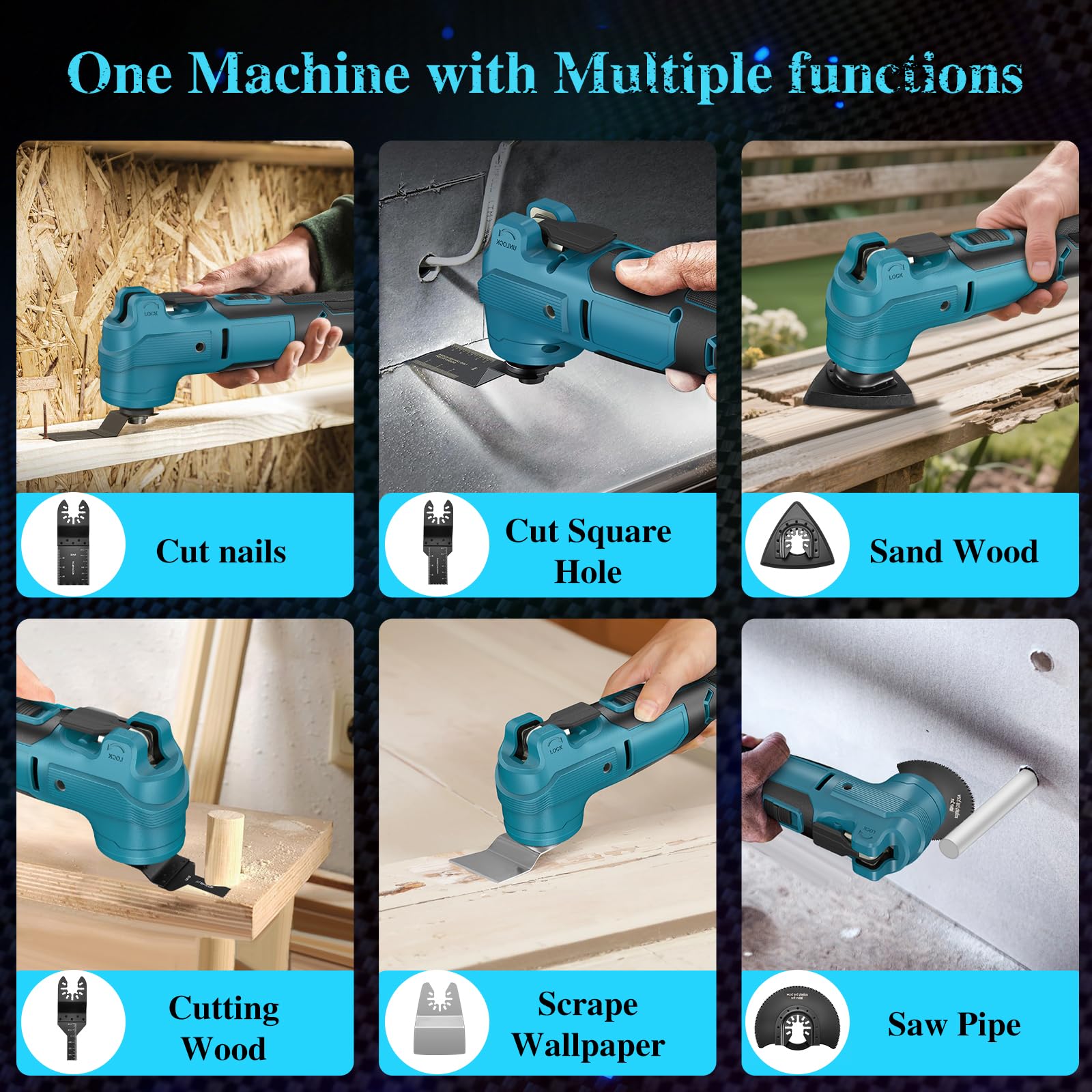 Yofuly Utensile Multifunzione Oscillante Compatibile con Batterie Makita 18V - 6 Velocità Aggiornate + Modalità Automatica, 2 Batterie Da 4,0 Ah, Multitool Per Taglio, Levigatura, Molatura