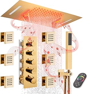 MONDAWE 23" Full Body Thermostatic Shower Jets System, 64-Color LED Music Waterfall Rainfall Luxury Shower Head System with 6 Spray Jets, Ceiling Mount Rain Shower Faucet Set, Brushed Gold