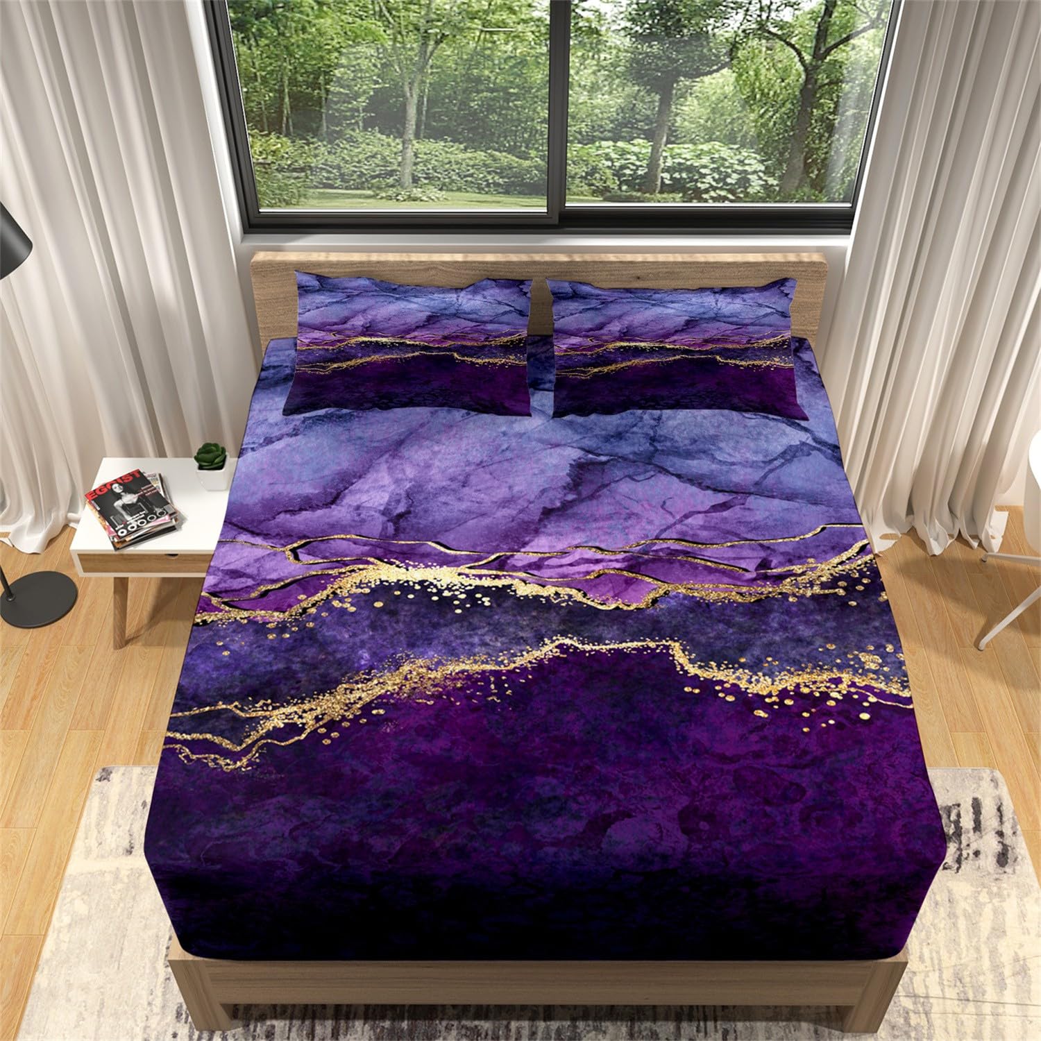 Bedding Drap Housse 160x200 cm Marbre Violet Draps-Housses Microfibre brossée Doux et Respirant Lavable en Machine pour des Matelas jusqu'à 30 cm de Hauteur