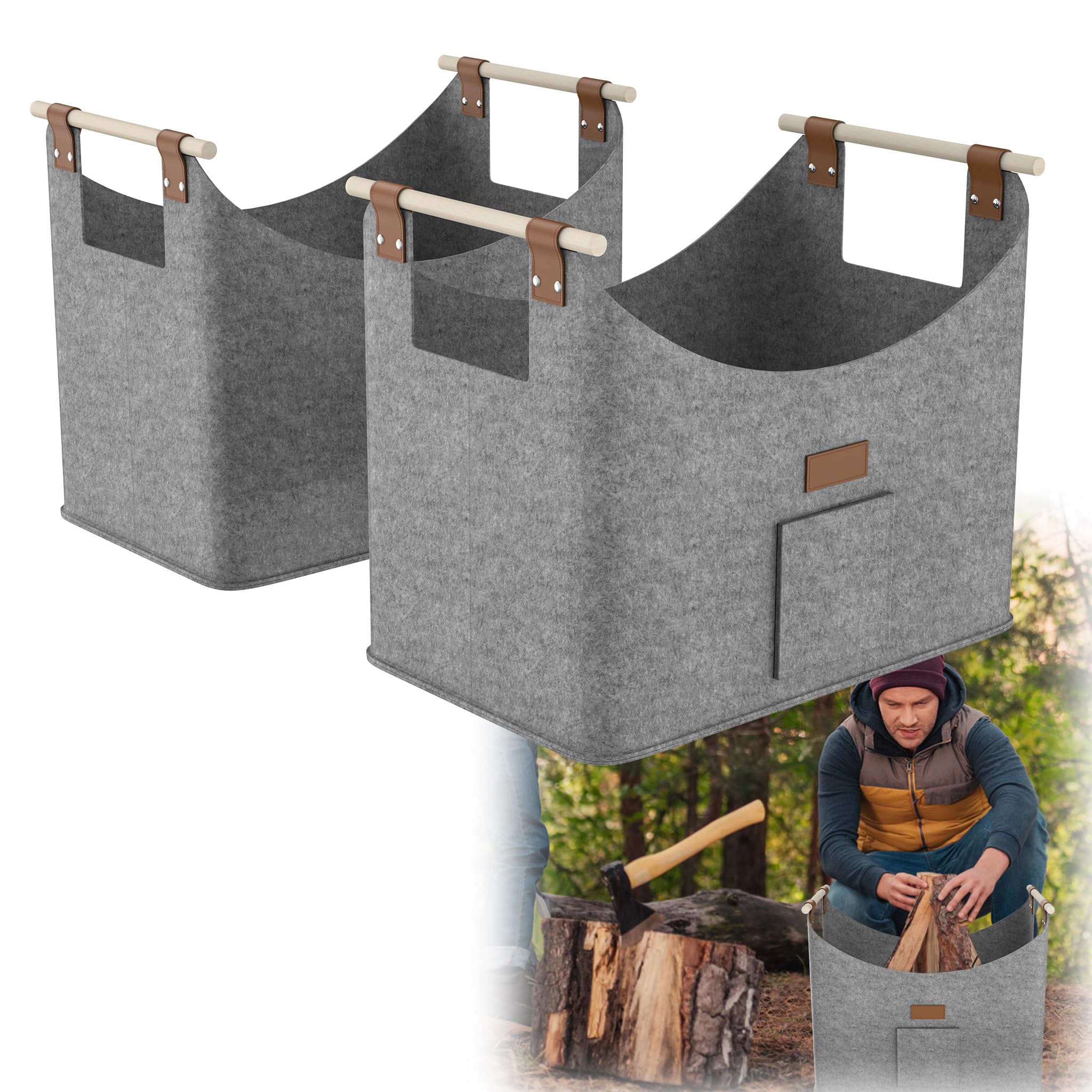 HENGMEI Brennholzkorb Filzkorb 4 Stück Holzkorb Kaminholz Filztaschen Extradickem Kaminholzkorb mit Griff Feuerholzkorb für Feuer Brennholz(50x32x40cm, Grau)