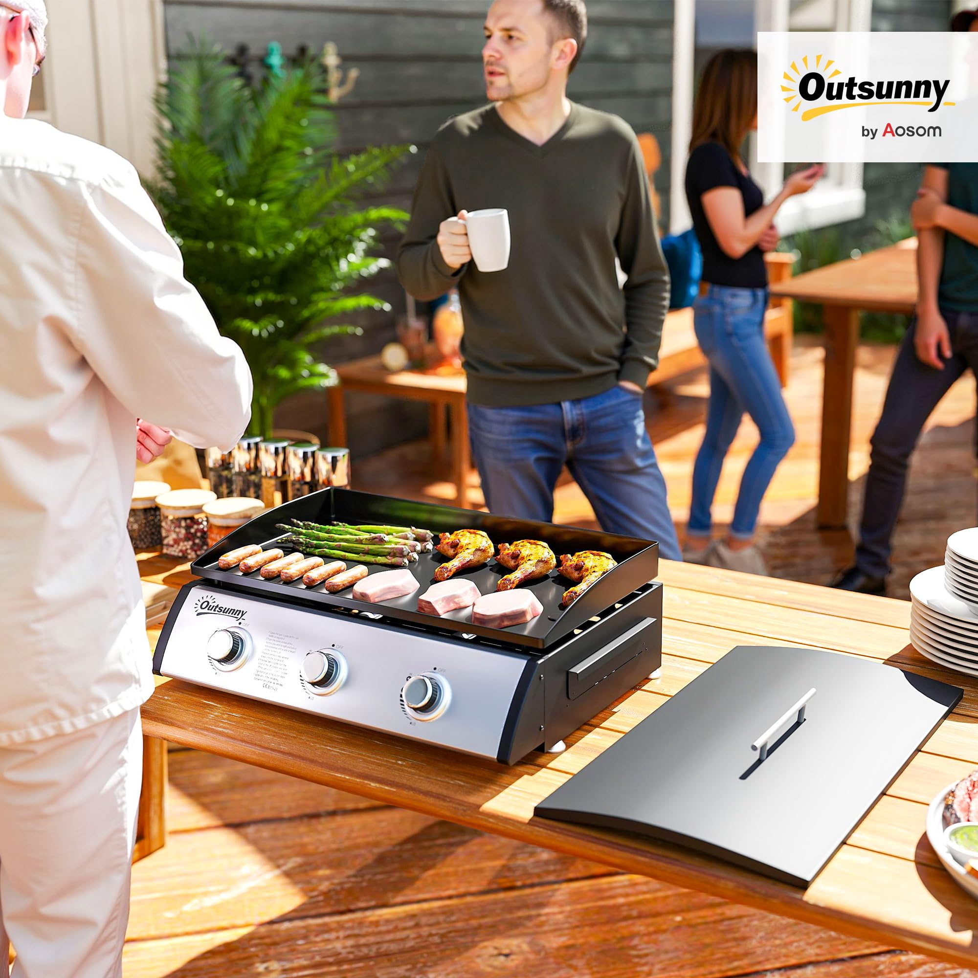 Outsunny Plancha Gaz 3 Brûleurs 7,5kW avec Couvercle Surface 61x35,5cm Noir | Gaz Liquéfié/Propane, Portable pour Extérieur, Jusqu'à 6/8 Convives