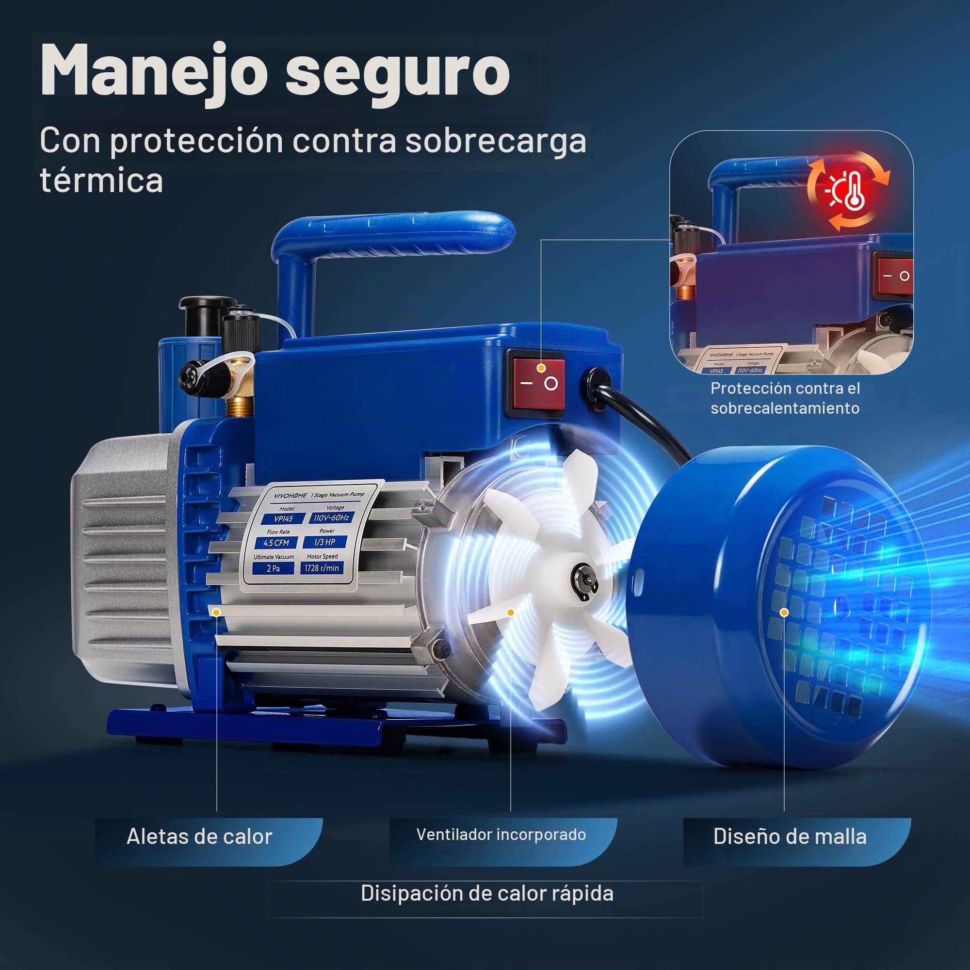 VIVOHOME Bomba de vacío HVAC de 1/3 HP 4.5 CFM 1 etapa A2L, motor sin chispas para sistemas R32 R1234yf R454B R134a R22 R410a, bomba de vacío automática de CA para mantenimiento de refrigeración de