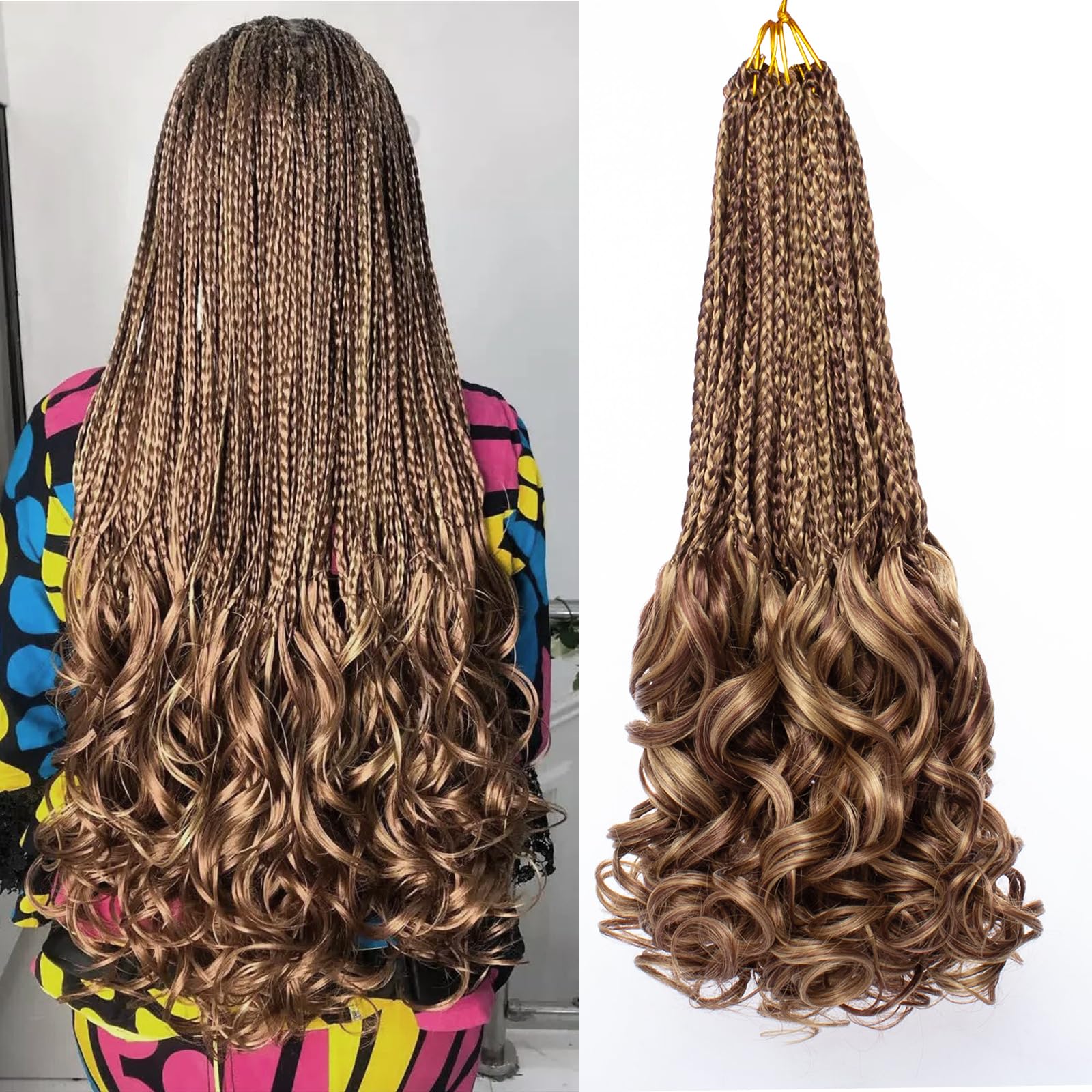 RuiYok 18 Inch French Curl Crochet Braids 9 Packs Goddess Box Braids with Bouncy Wavy Ends Honey Blonde Mix Brown Pre Looped Crochet Hair Synthetic