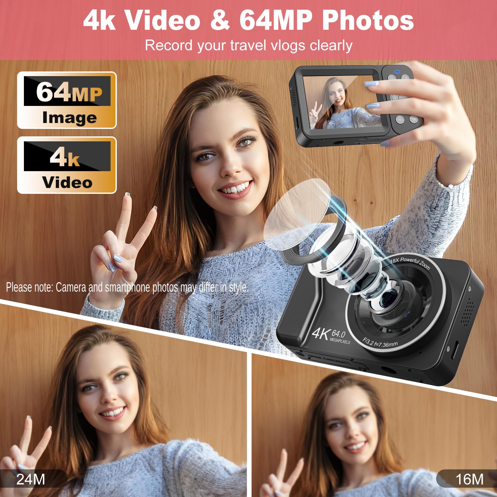 Fotocamera digitale, 4K 64MP, zoom 18x, fotocamera digitale punta e scatta con scheda TF da 64 GB e 2 batterie, piccola fotocamera ricaricabile portatile per bambini, adolescenti e adulti, nera