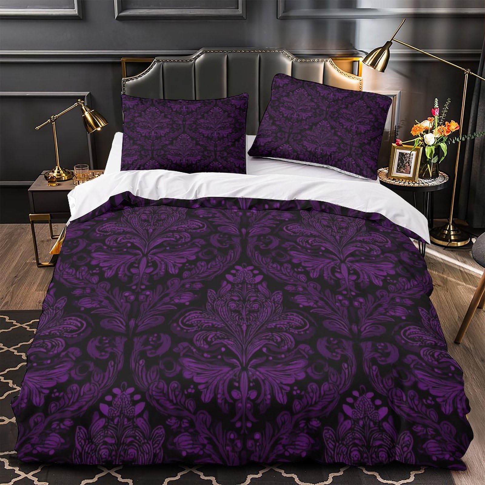 Parure de lit king imprimé floral violet 3D en microfibre gothique vintage