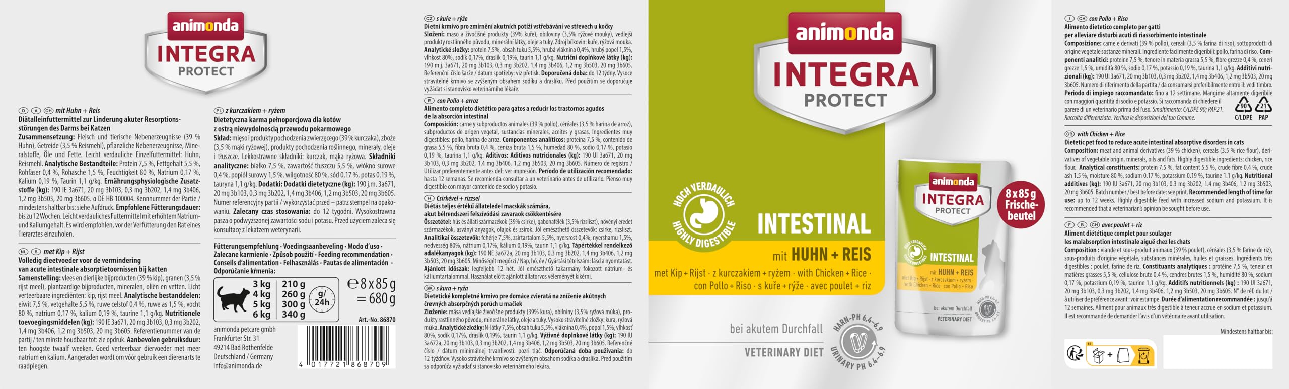 Animonda Integra Protect Nourriture Humide pour Chat Intestinal avec Poulet et Riz (8 x 85 g), recommandée par Le vétérinaire en Cas de calculs urinaires, complément Alimentaire développé avec des