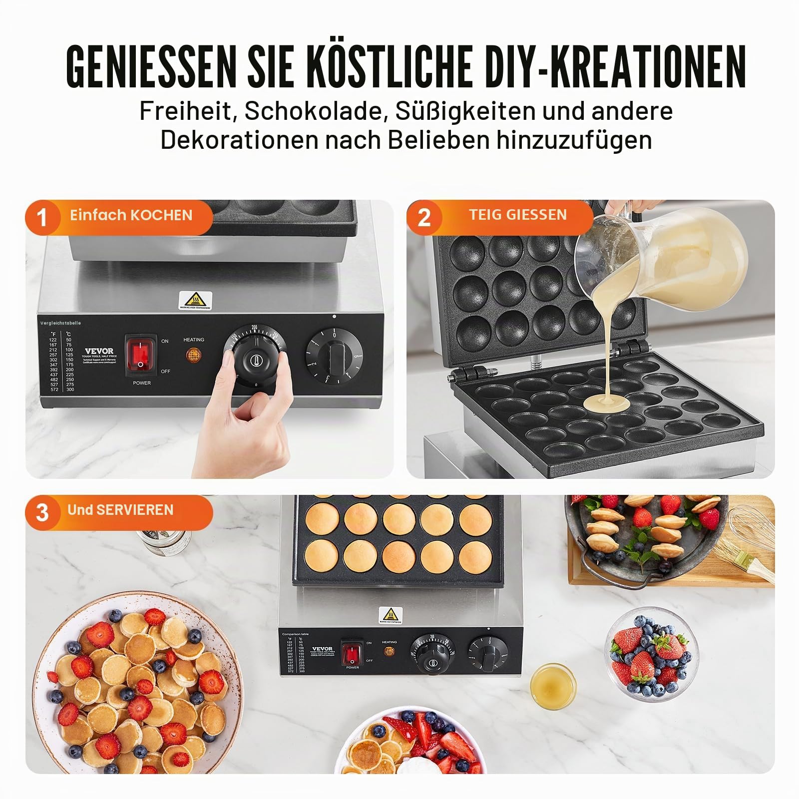 VEVOR Mini-Pfannkuchenmaker kommerzielle Dutch Mini Pfannkuchen Maschine, 25 Stk., 43 mm Durchmesser, Dorayaki-Backmaschine, 1700 W, Temperatur- und Zeitregelung, in Küchen, Cafés und Restaurants