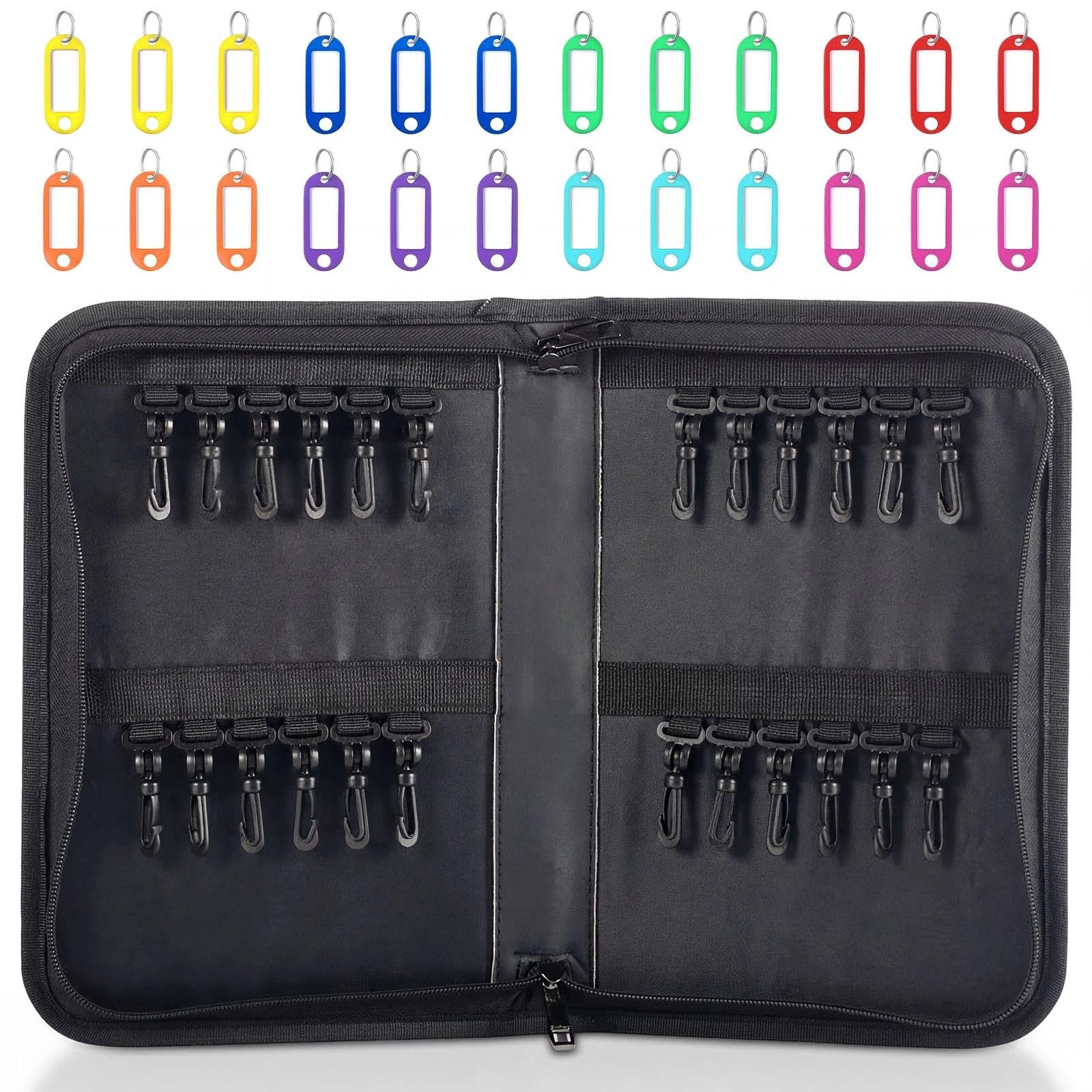 Organisateur de Trousse de Clés à Fermeture Etanche Portable avec 24 Crochets et Etiquettes Livre de Rangement Cles pour Bureaux Agences Immobilieres et Hotels