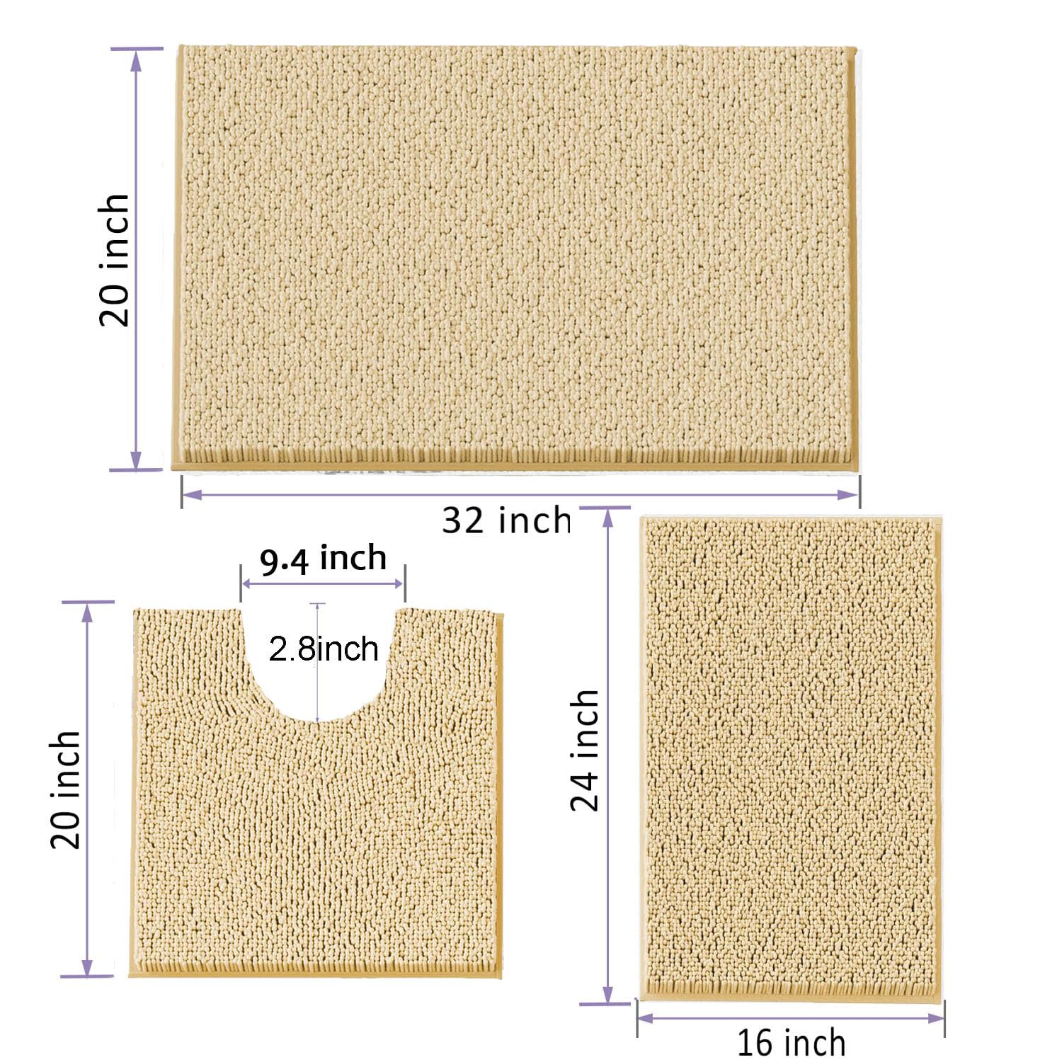 COMPOLICY 3 Piece Bath Mat Set, Beige Non Slip Chenille Bathroom Mats, Washable Super Absorbent Toilet & Shower Rug Set for Bathroom - Image 3