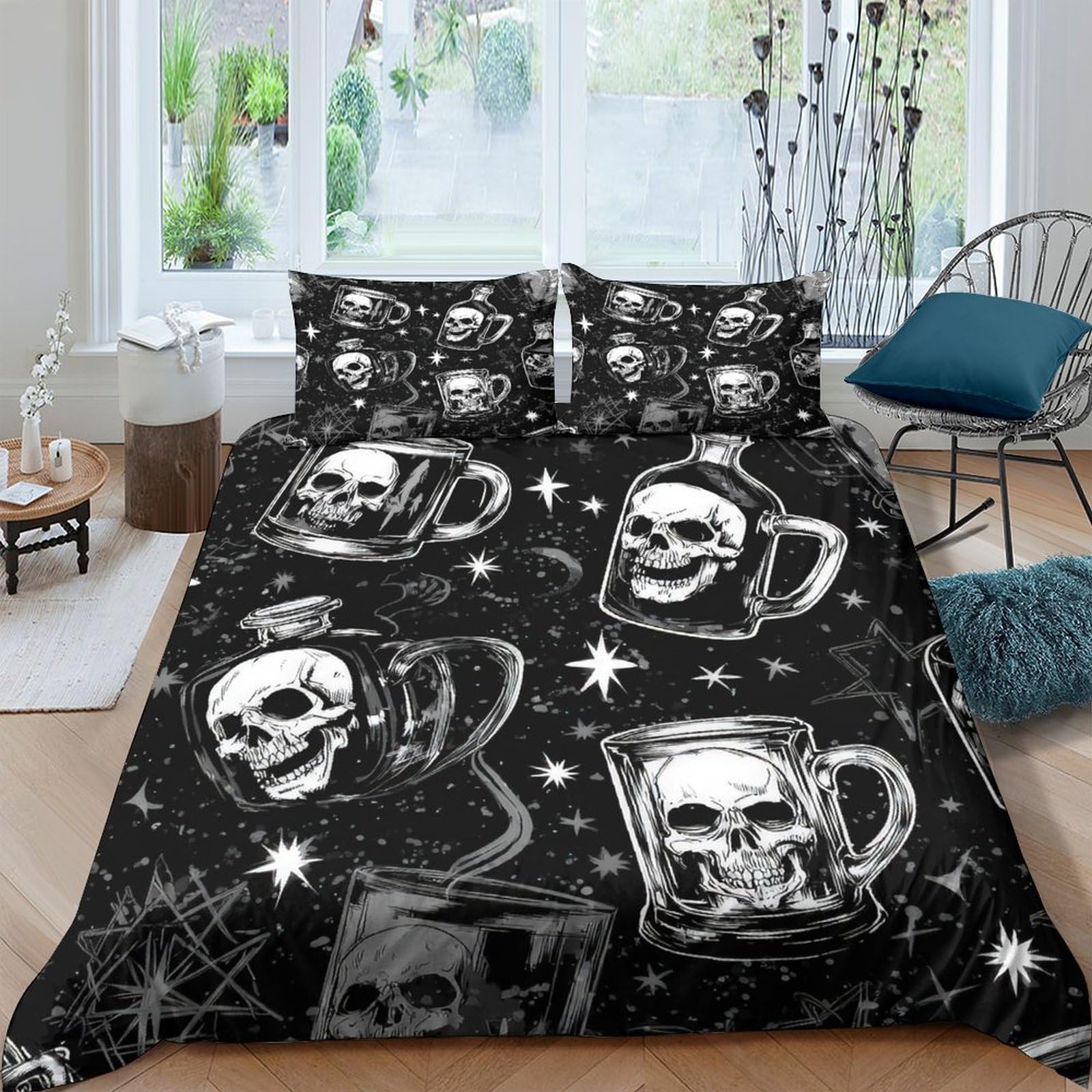 Ctjqhvkz Style-9 3D Printed Skull Mug Fitted Sheet Microfiber Soft Black Gothic Bed Sheet For Bedroom Dorm Mattress Cover Decor Single（135X200cm）