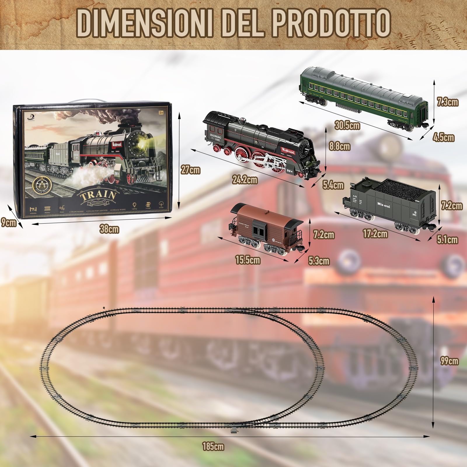 Trenino Elettrico per Bambini, Locomotiva, Locomotiva a Vapore Elettrica con Fumo Luminoso e Suono, Regali di Natale e Compleanno per Bambini