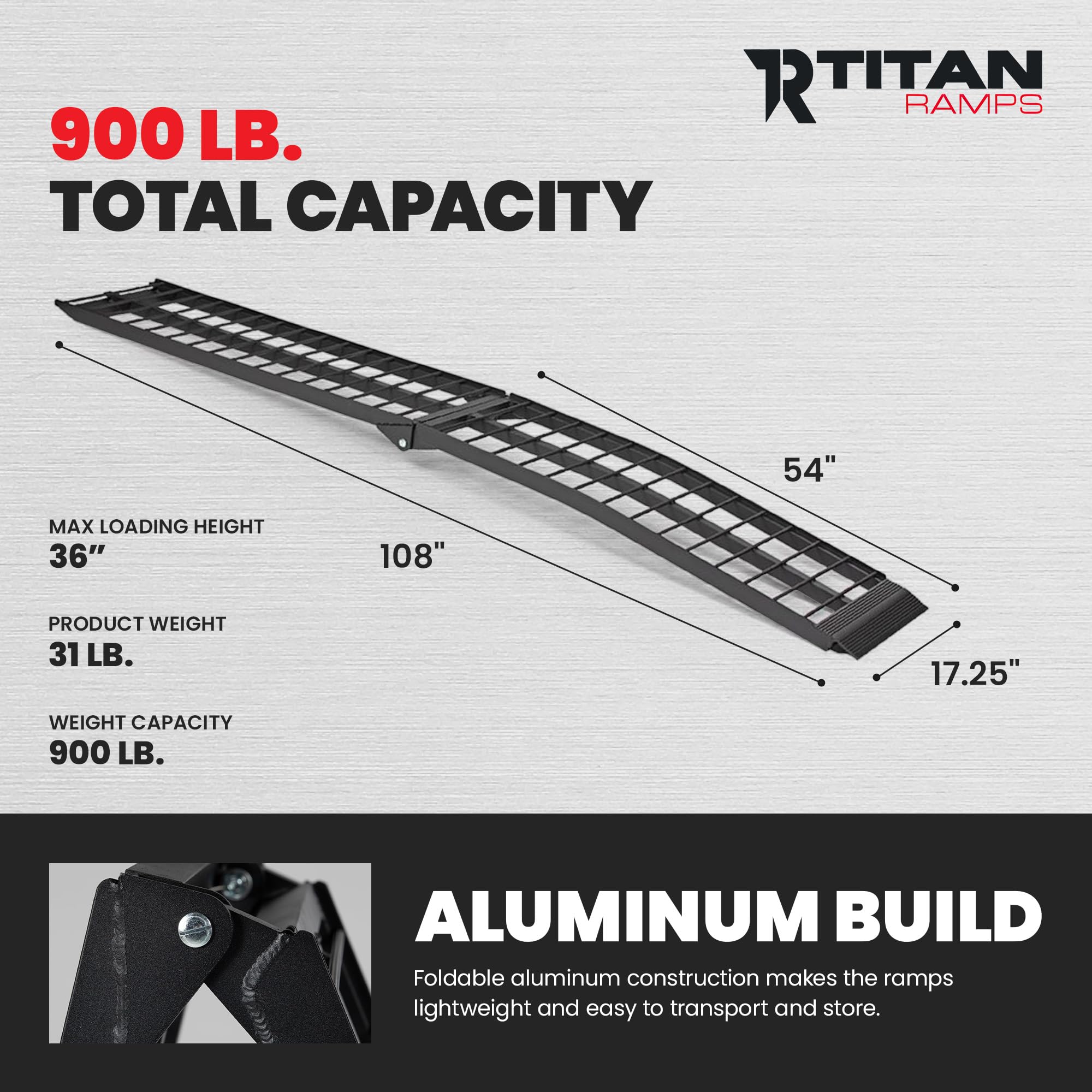 Titan Ramps 9 Heavy-Duty Arched Motorcycle Loading Ramp - 900 lb. Capacity | Aluminum loading for pickup trucks foldable lightweight with serrated crossbars product thumbnail 4