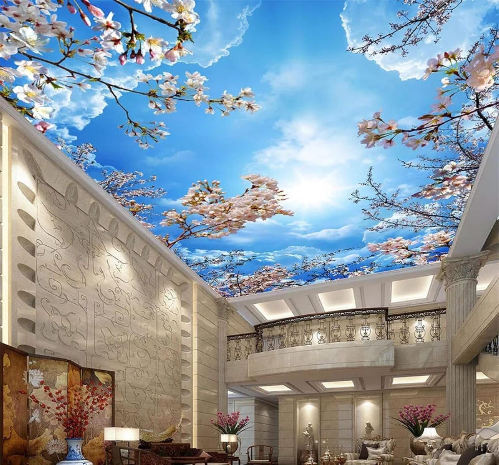 XLMING Blue Sky White Clouds Romance Cherry Blossoms Scenery 3D Wallpaper Luxury Home Dining Decor Paste Sofa Living Room The Wall for Bedroom Mural-350cm×256cm