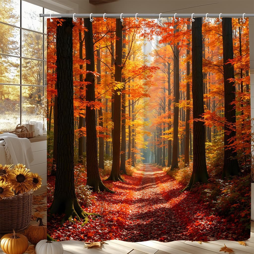 Fall Forest Shower Curtain Autumn Tree Leaves Rustic Nature Seasonal Outdoor Scenery Country Harvest Bathroom Curtain Fabric with Hooks(70" Wx84 H)