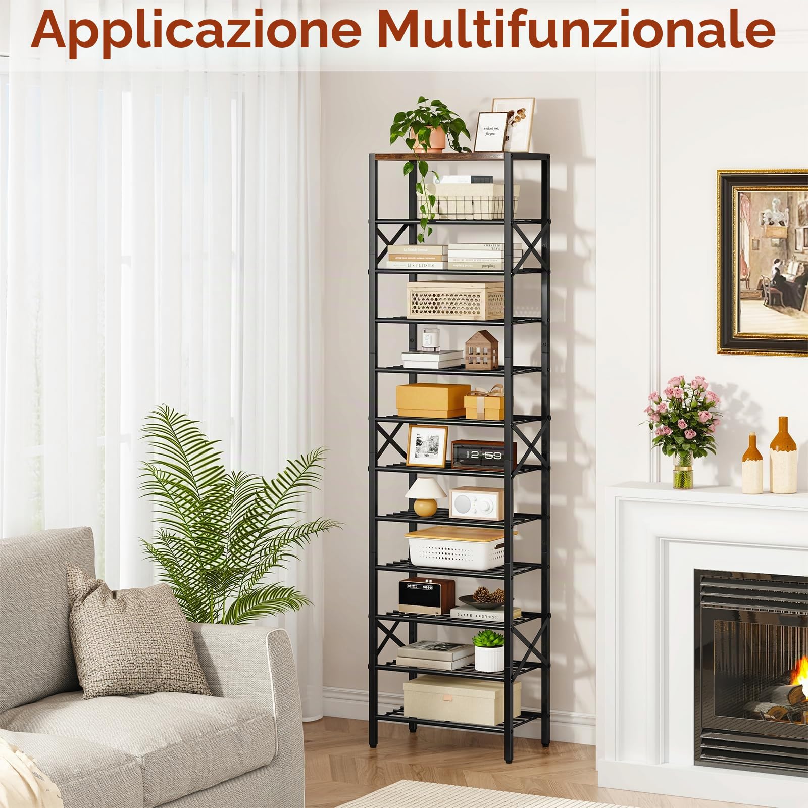 IBUYKE Scarpiera Verticale a 12 Ripiani, Scarpiera Stretta e Alta per 24 Paia di Scarpe, Salvaspazio Scarpiera in Metallo per Ingresso Corridoio Soggiorno, Rustico Marrone e Nero TXJ012H