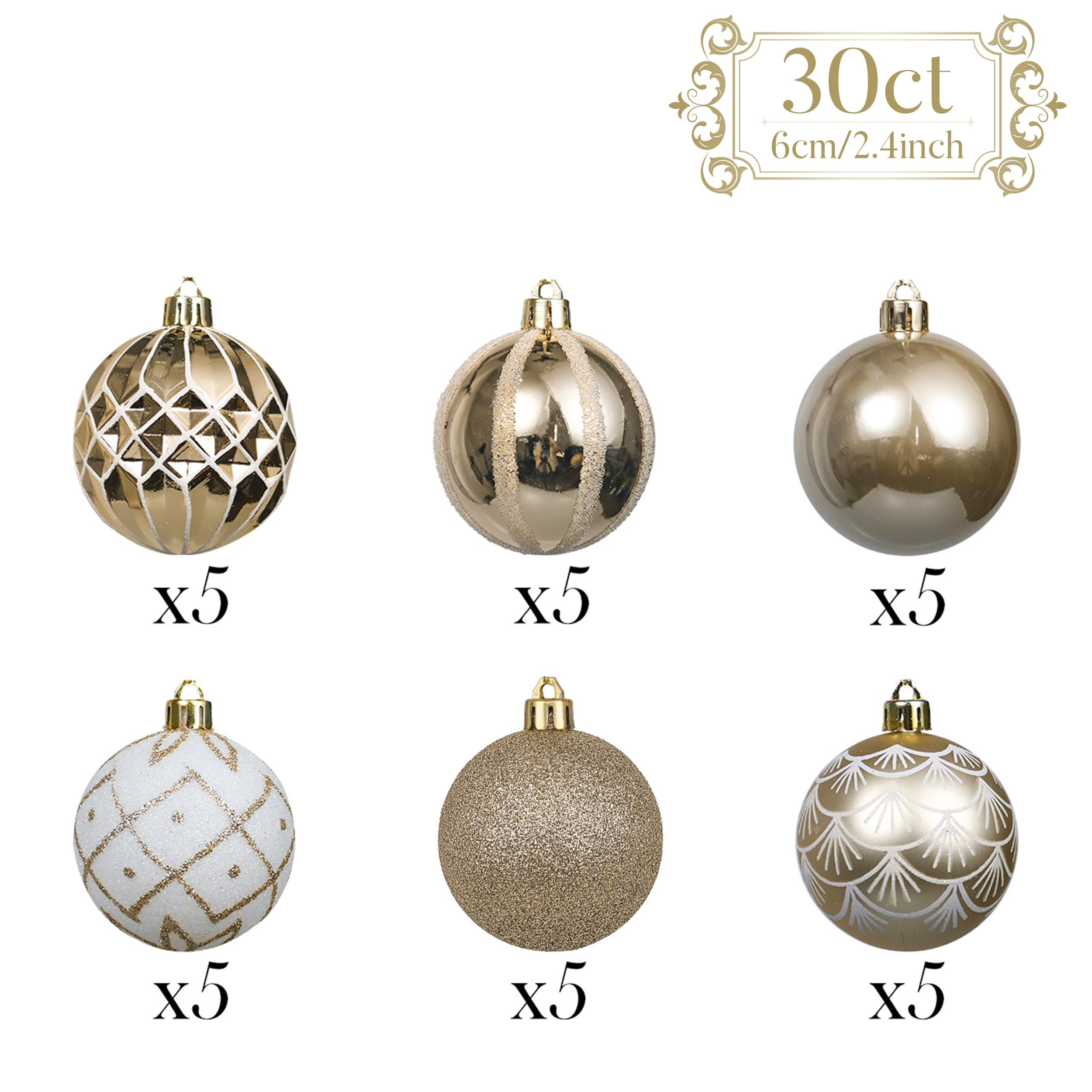 Valery Madelyn 30pcs 6cm Boules de Noël, Thème Élégant Or et Blanc, Lot de Décoration Incassable pour Sapin de Noël, Ornements de Boule de Noël Traditionnelle, Boule à Suspendre pour l'arbre de Noël
