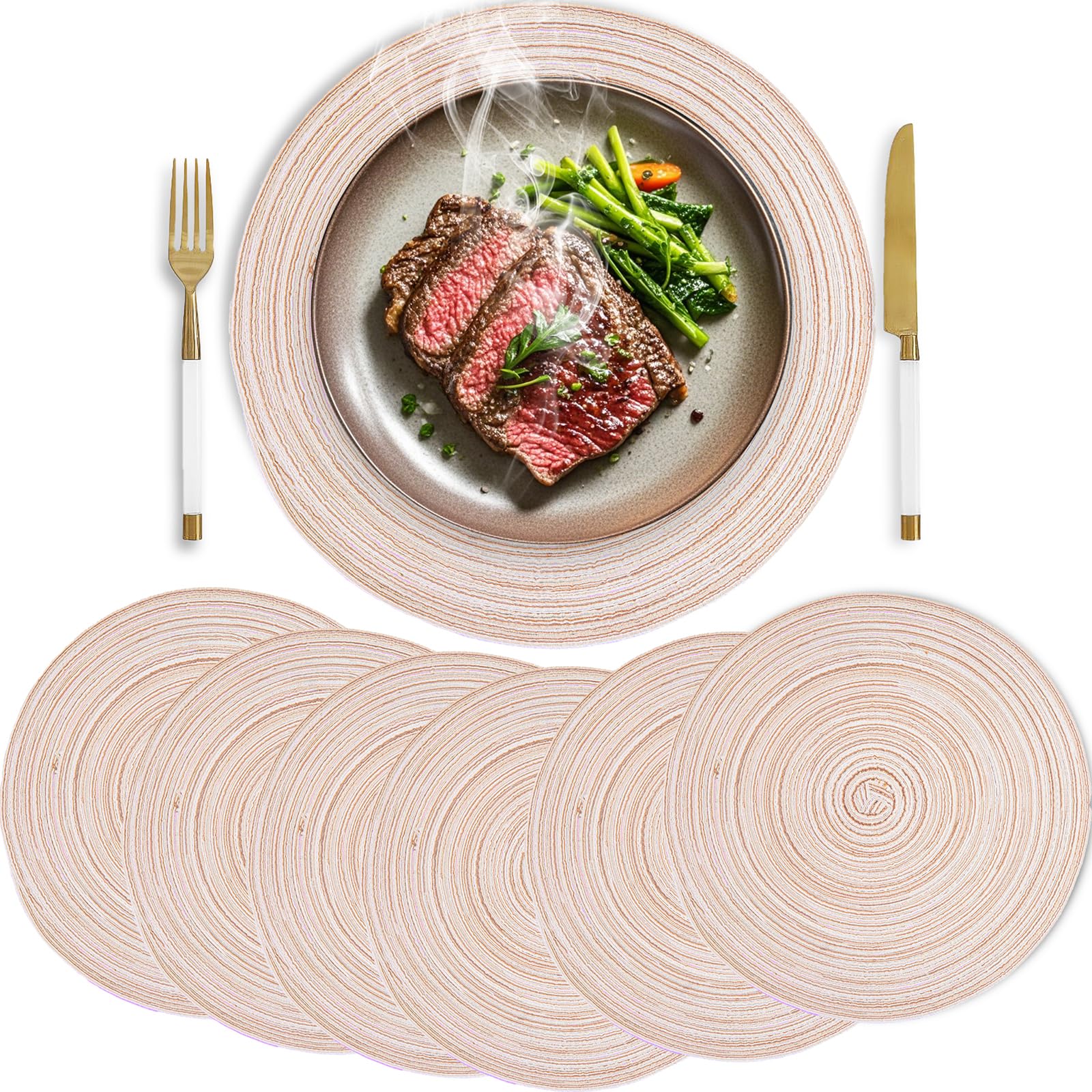 HELI MIAO Woven Placemats Set of 6, 38cm Round Table Mats, Cotton/Polyester Blend Heat Resistant Mats, Non-Slip Washable Placemats for Dining Table Kitchen Home Decor - Beige