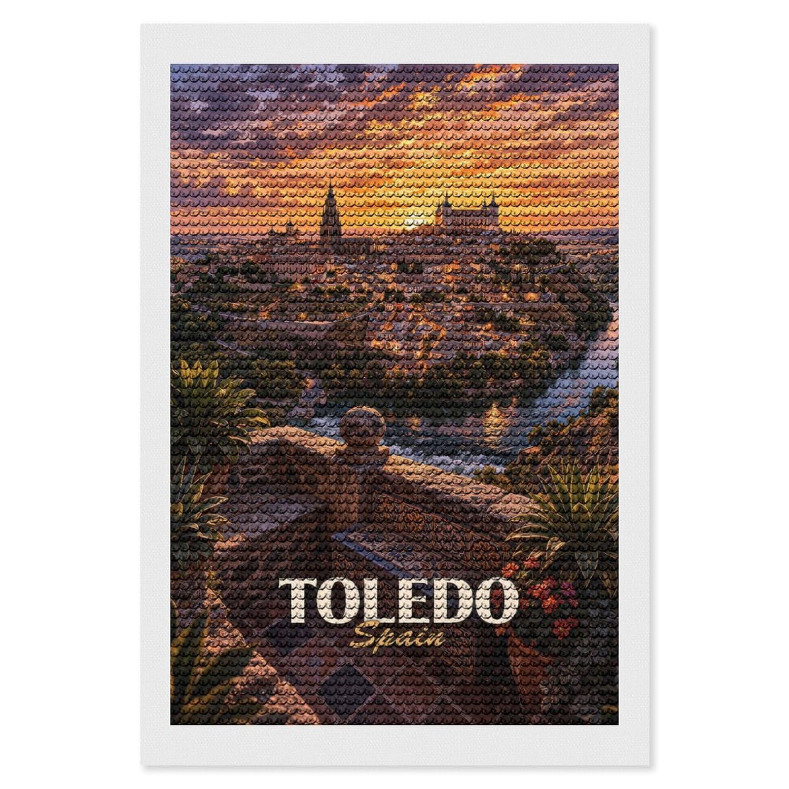 Junmoney Toledo, Spain at Sunset Diamond Art Canvas 8"x12", for Adults, Good for Quiet Evenings, Bedroom Decor, Festive Craft Gift, Easy to Enjoy