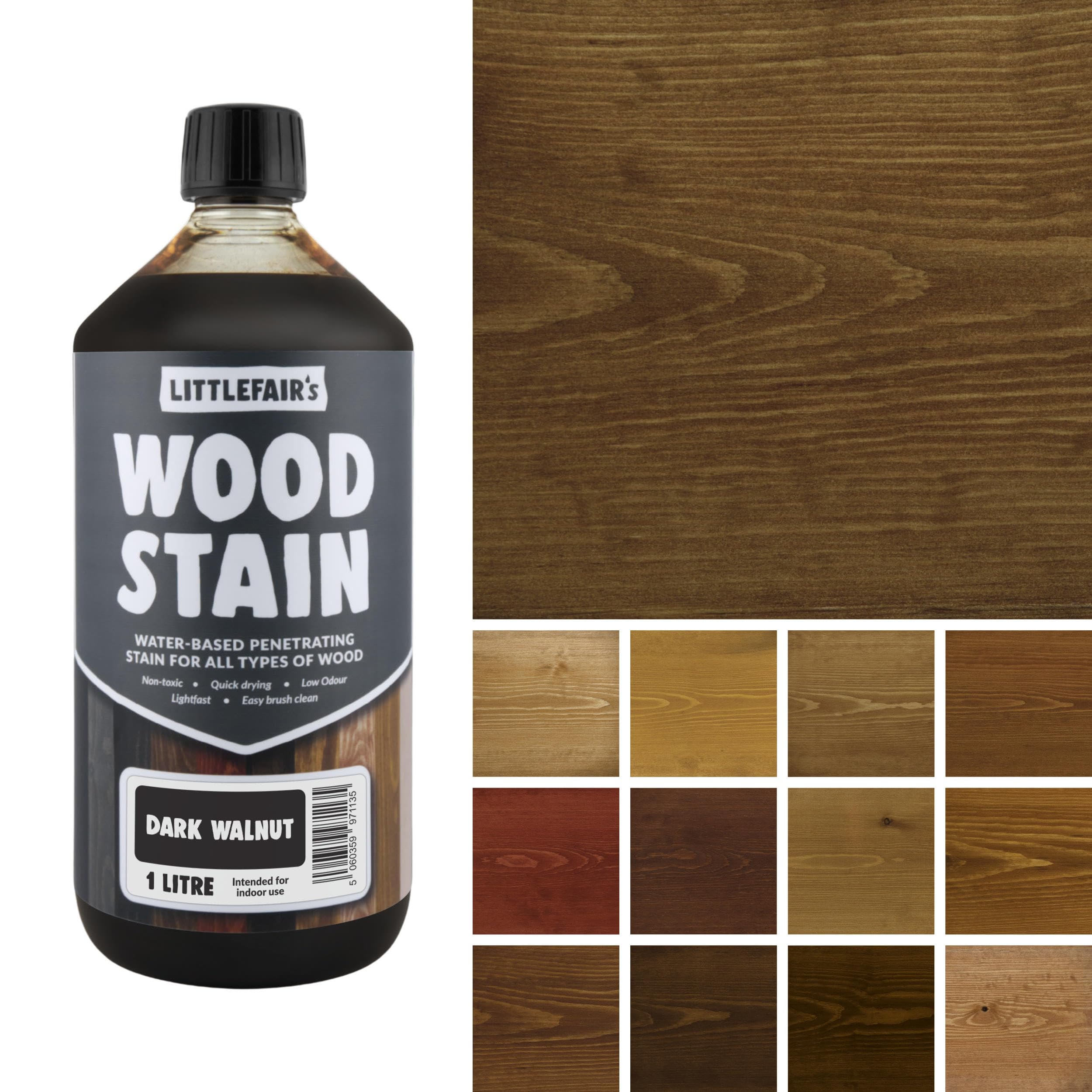 Littlefair'sWater Based Wood Stain - (Dark Walnut) - Non-Toxic, Environmentally Friendly and Quick Drying - Easy to Apply Concentrated Formula for All Wood Types - 1 LTR