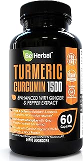 BE HERBAL Organic Turmeric Curcumin 1500mg with Black Pepper & Ginger - The Most Potent Certified Organic Turmeric Curcumin Supplement with 95% Curcuminoids - 60 Veg Capsules (60)
