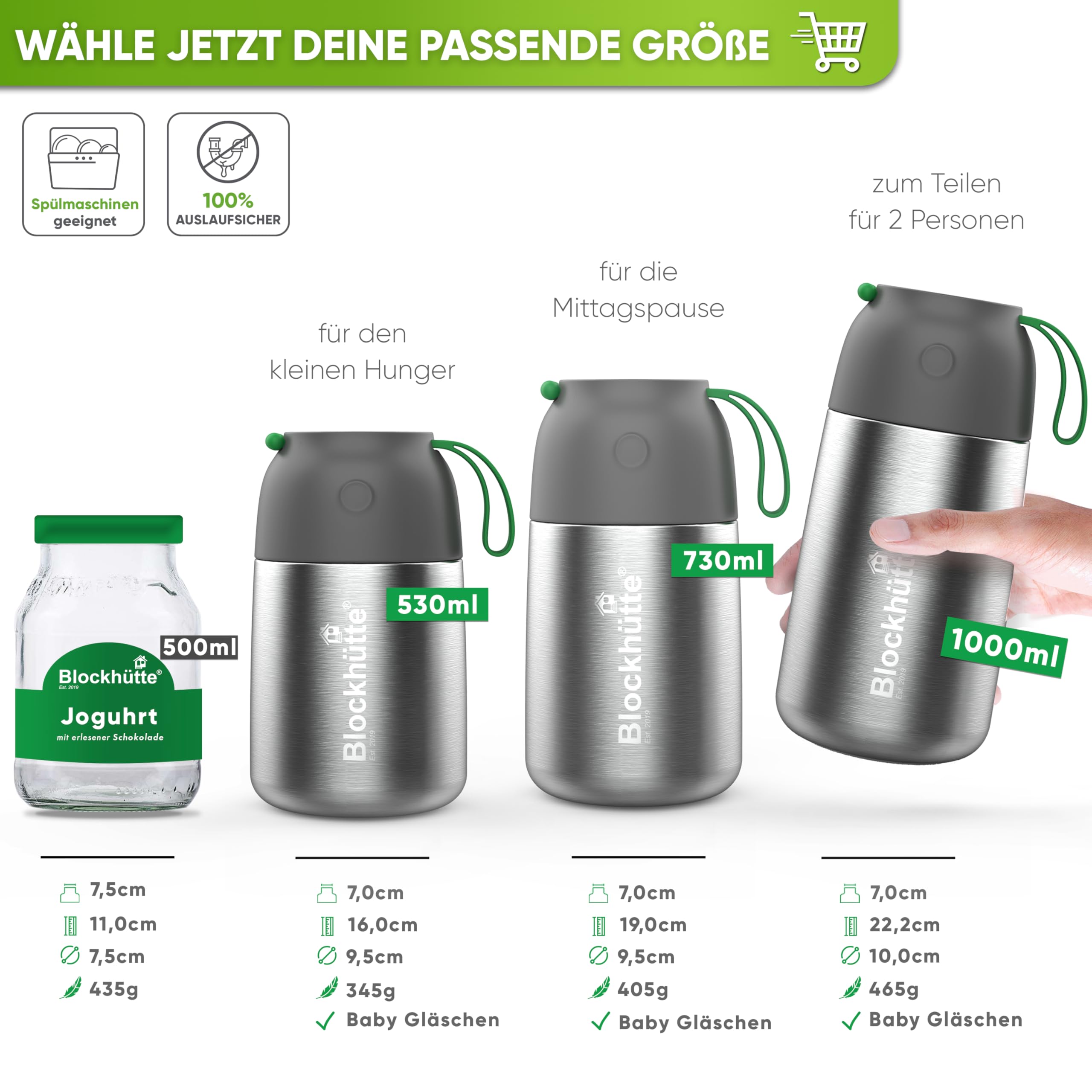Blockhütte Thermos isotherme 730ml En inox Avec Cuillère et Fourchette - Thermos Alimentaire Chaud idéal Pour Le Travail - Boite Alimentaire isotherme Avec Sac de Transport - Lave-Vaisselle