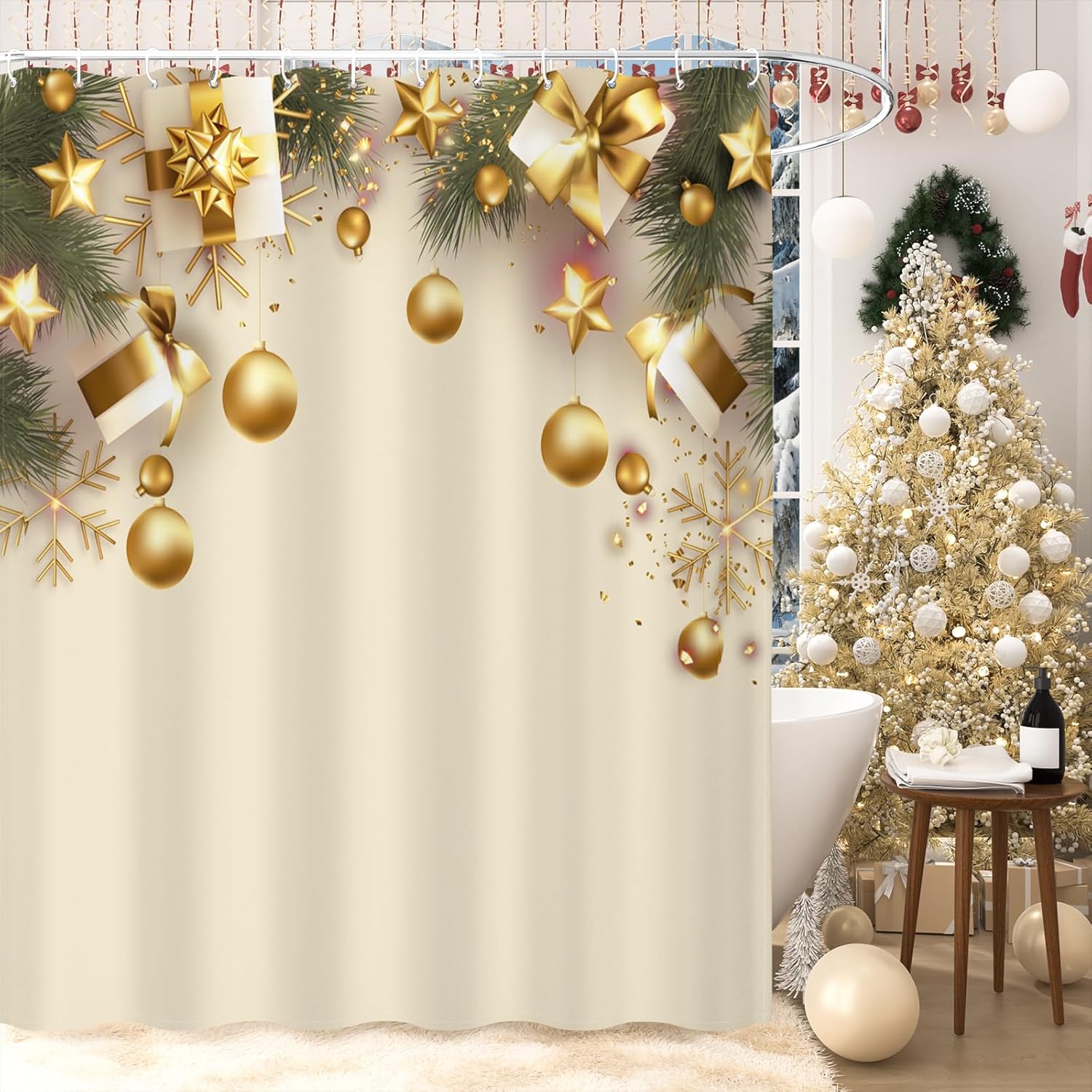 Christmas Shower Curtain, Gold Xmas Shower Curtain with Hooks Winter Waterproof New Year Ornament Bulbs Bows Bathroom Decor, 72x78 Inch
