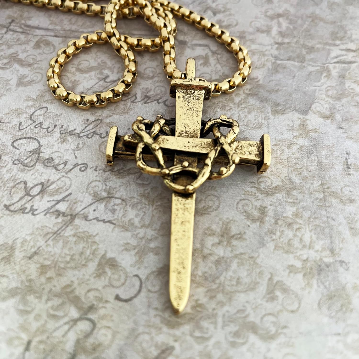 FORGIVEN JEWELRY Nail Cross Crown of Thorns Large Mens Pewter Gold Metal Finish Pendant Heavy Box Chain Necklace