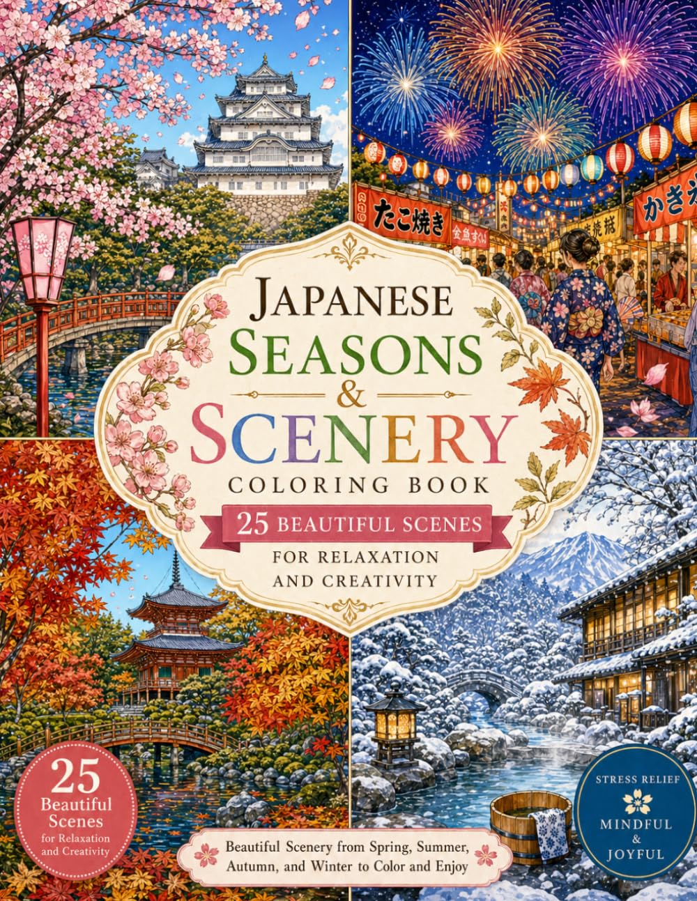Japanese Seasons & Scenery Coloring Book: 25 Beautiful Japanese Seasonal Scenes for Relaxation and Creativity (Japanese Coloring Book for Adults)