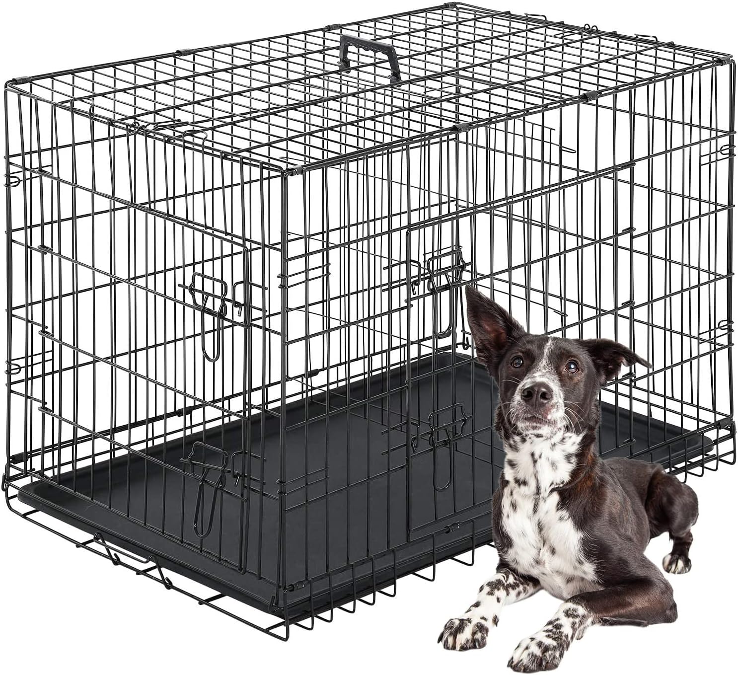 FDW Dog Crate for Large Dogs 42 Inch Folding Metal WirePet Cage Double Door W/Divider Panel Indoor Outdoor Kennel Leak-Proof Plastic Tray