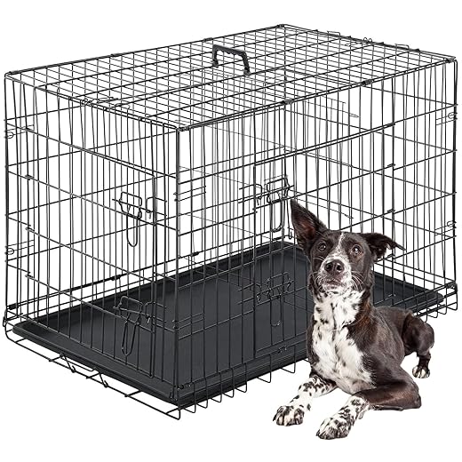 FDW Dog Crate for Large Dogs 42 Inch Folding Metal WirePet Cage Double Door W/Divider Panel Indoor Outdoor Kennel Leak-Proof Plastic Tray,Black