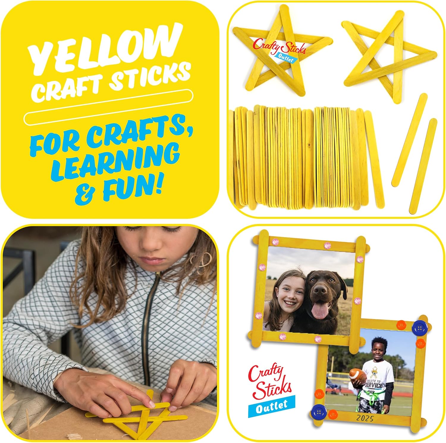 4.5 Inch Popsicle Sticks, Yellow, 200 Pack | Standard wood popsicle sticks; actual size 4.5 x 3/8 in. For crafts, classrooms and STEM projects.
