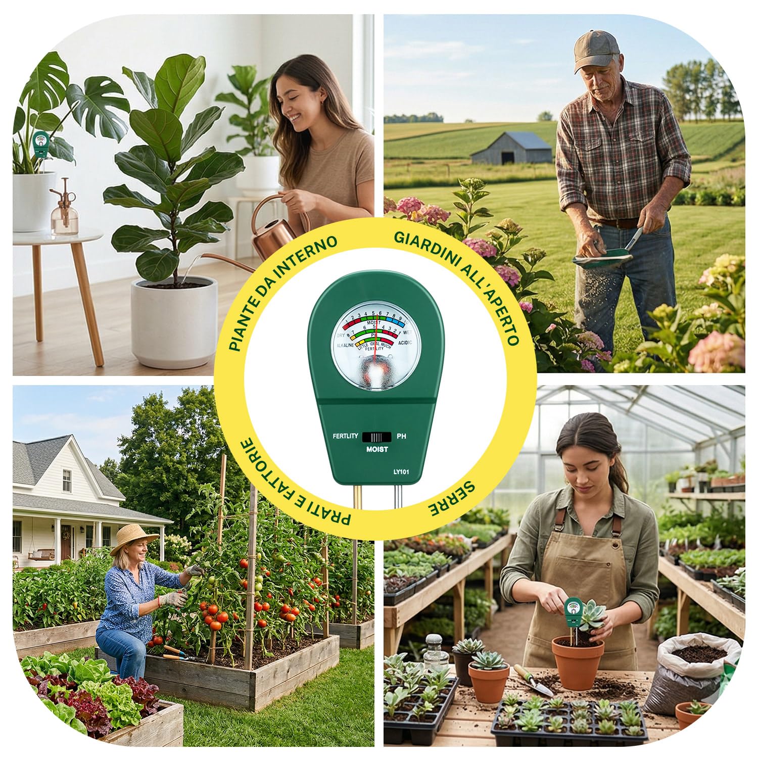 Misuratore di Terreno 3 in 1 per Casa e Giardino: Tester Semplice per PH, umidità e Nutrimento - Sensore per Piante Senza Batterie - Pratico Aiuto per Fiori, Vasi e Orto Domestico