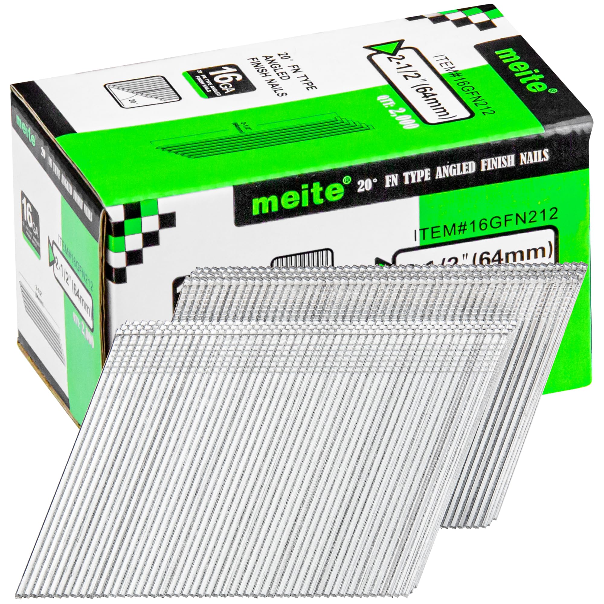 meite Type 16G / 64 mm Angled Finish Nails, 16 Gauge 20 Degree Galvanised Angled Finish Nails for Nailer Gun (2,000 Counts)
