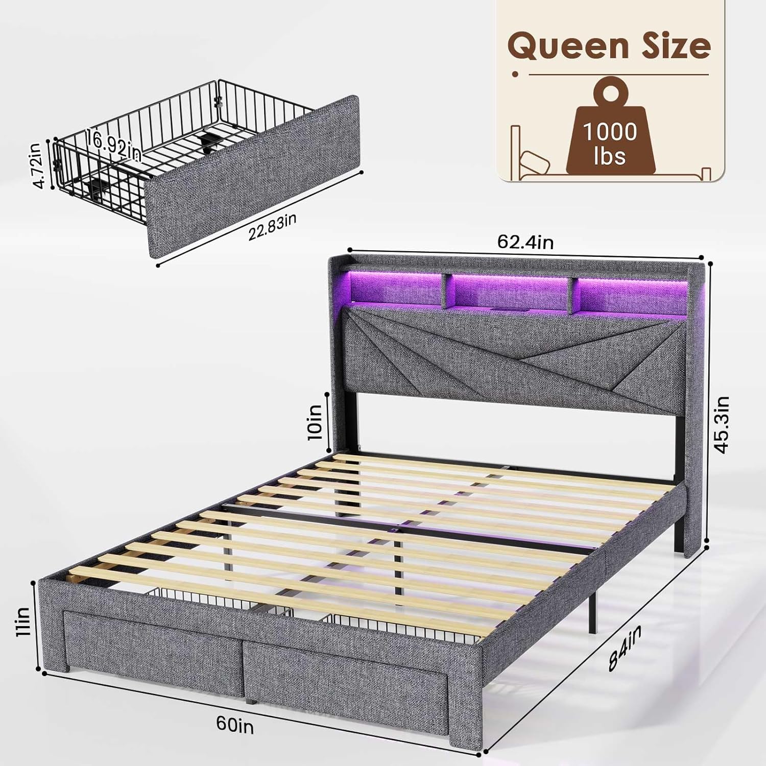 Diagram showing dimensions and components of the bed frame, including headboard, frame, slats, and storage drawers.
