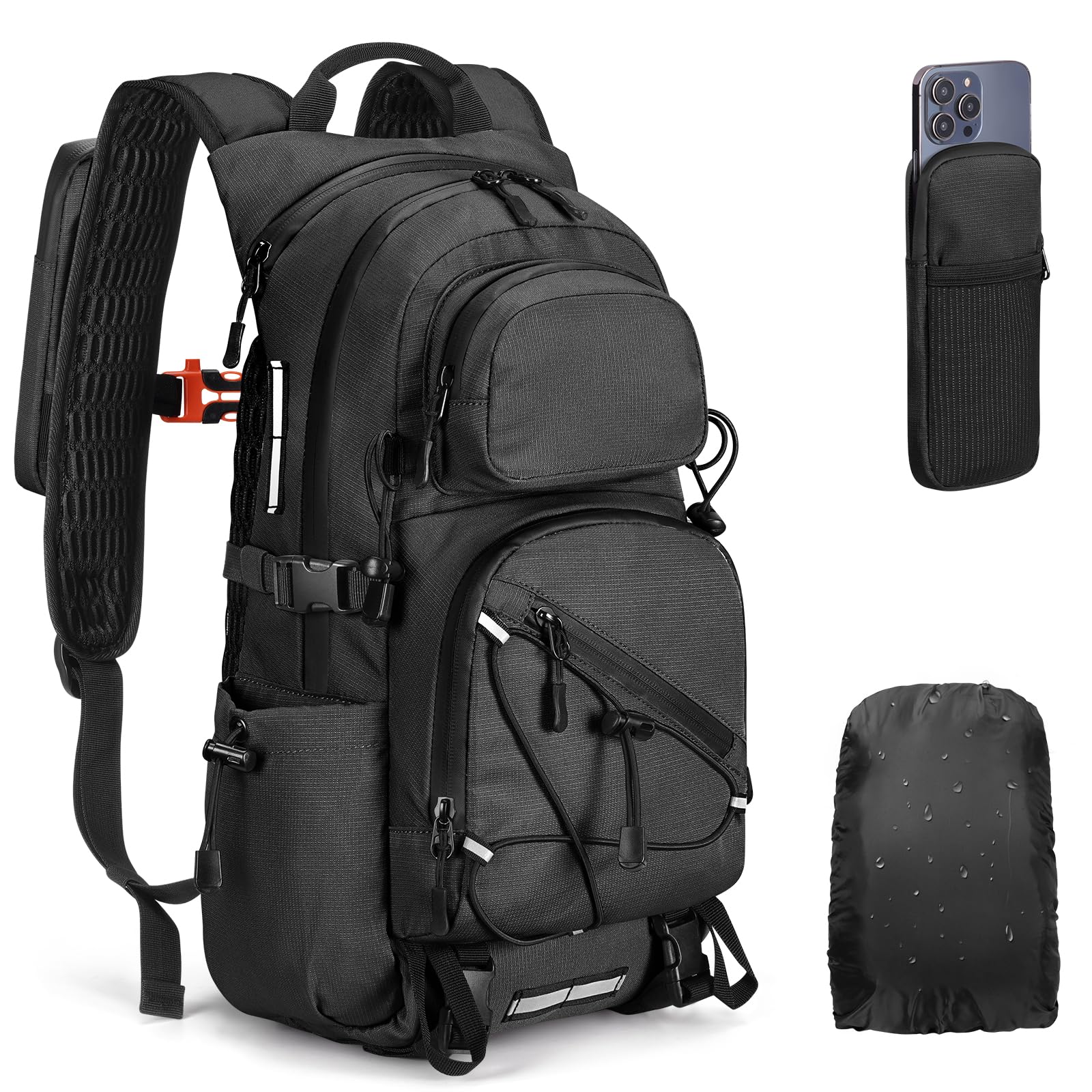 Plecak trekkingowy dla mężczyzn i kobiet, 25 l, mały plecak, lekki plecak podróżny z uchwytem na telefon, plecak trekkingowy z paskami odblaskowymi, na kemping, wędrówki (czarny, duży)