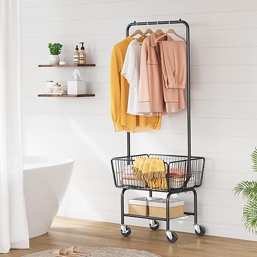 Miniatura 8 de Tajsoon Carrito de lavandería con estante para colgar, cesta de lavandería de metal con ruedas, cesta de lavandería con cesta de almacenamiento y