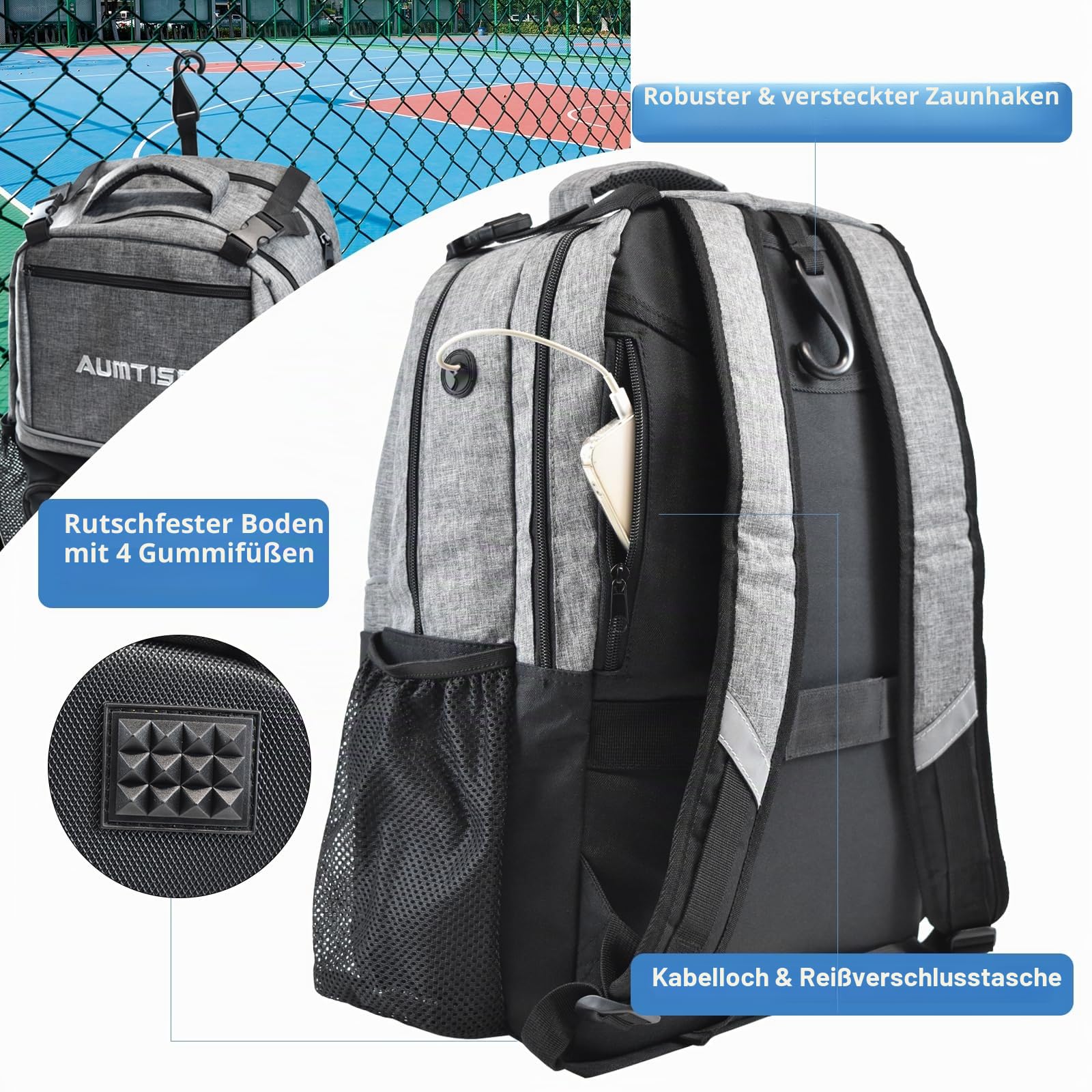 AUMTISC Tennisrucksack mit Schuhfach, Tennistasche mit 2 Schlägern für Damen und Herren, Pickleball-Paddeltaschen, Rucksäcke für Badminton, Squash große Kapazität multifunktionale Sporttasche