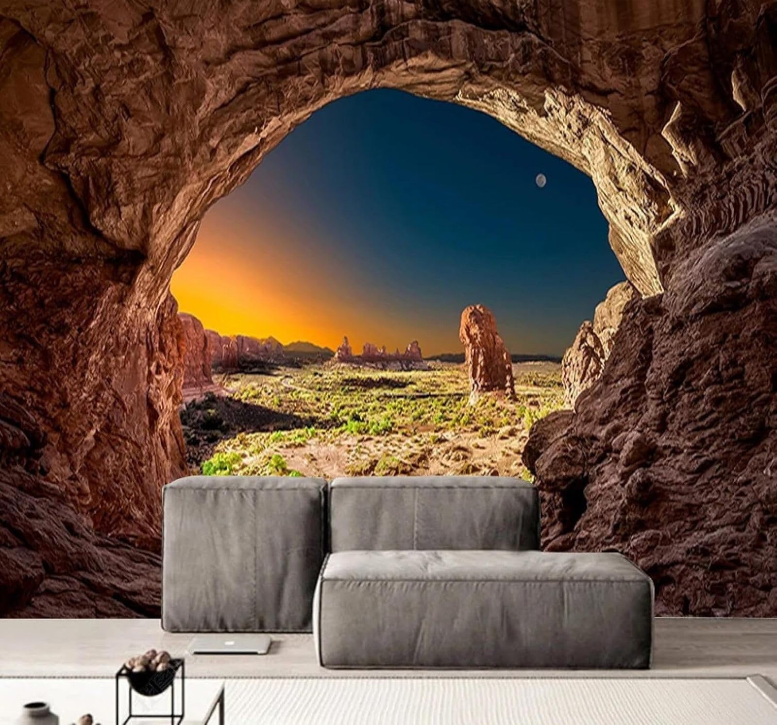 Tzxztt 400Cm×280Cm(B×H) Beautiful Three Dimensional Cave Sunset Scenery Modern 3D Wallpaper Premium Textured Silk Neutral Tones Material Ideal For Living Room Bedroom-400Cm×280Cm